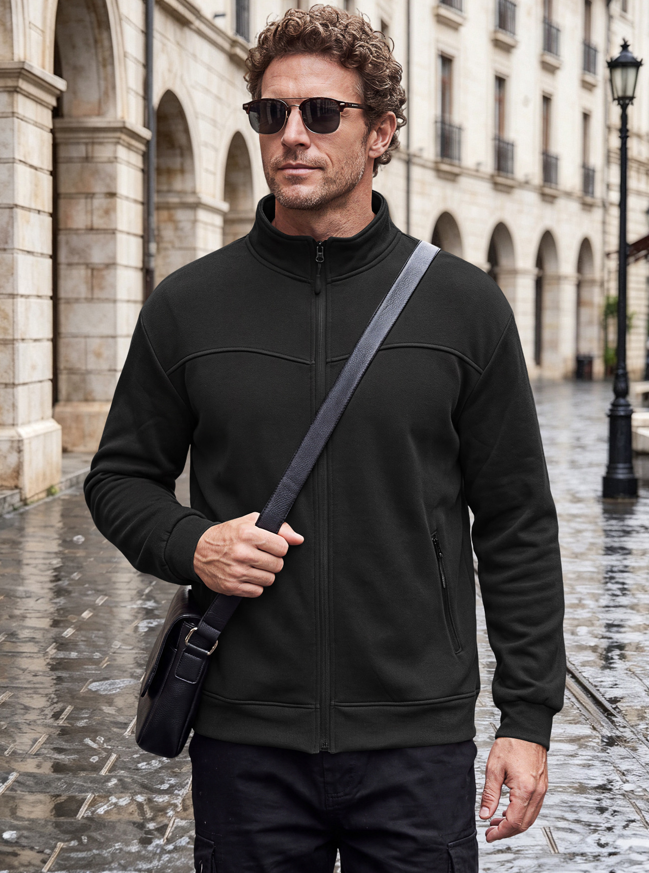 Men's Clothing Tops Jackets Coats Men's Autumn Winter Stand-Up Collar Fleece Lined Jacket with Zipper Side Pockets for Outdoor Casual Long Sleeve Sweater Coat