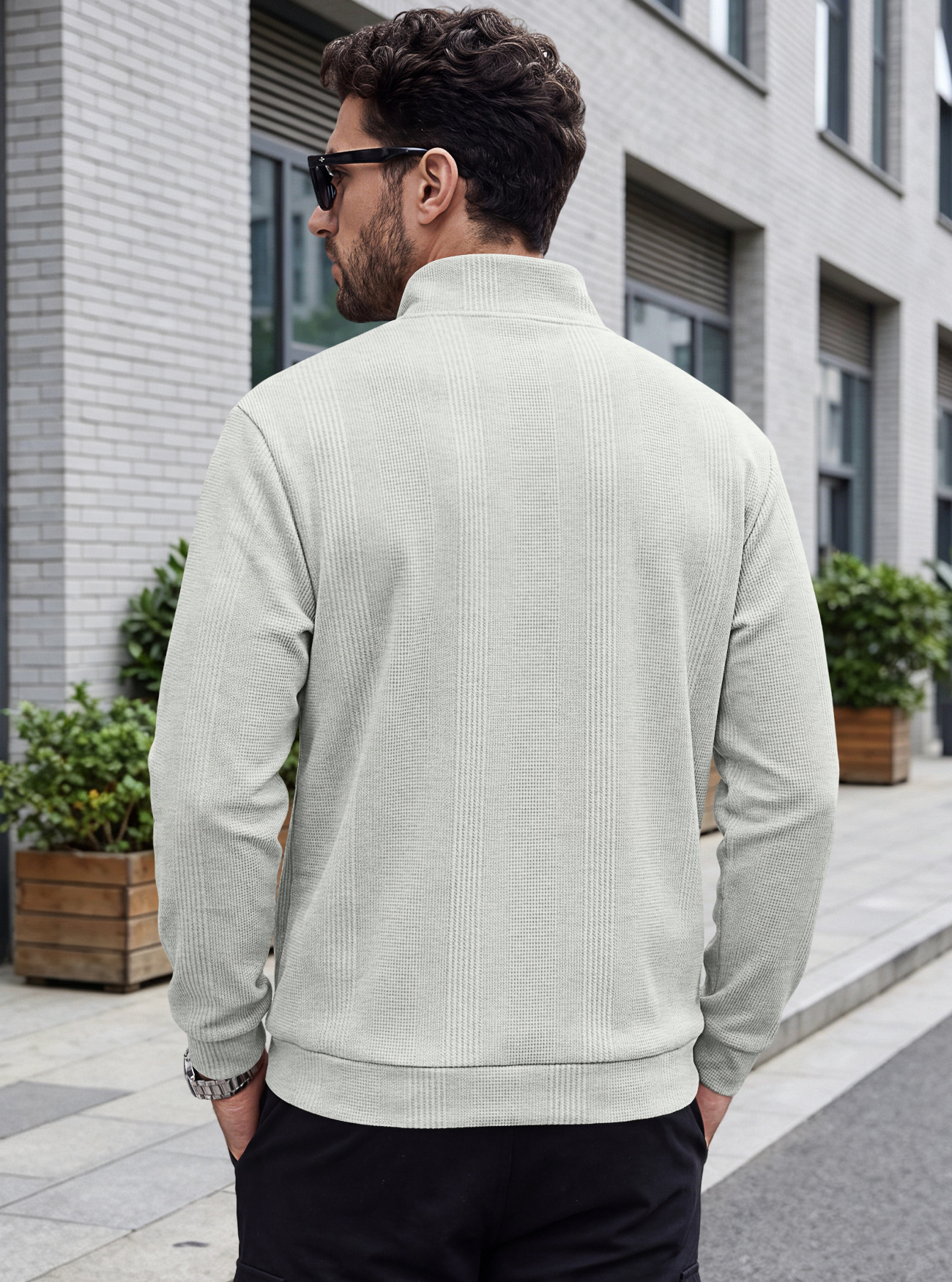 Men's Clothing Tops Sweatshirts Men's Half Zip Stand Up Collar Knitted Sweater Spring Autumn Vertical Stripes Waffle Texture Long Sleeved Casual Hoodie