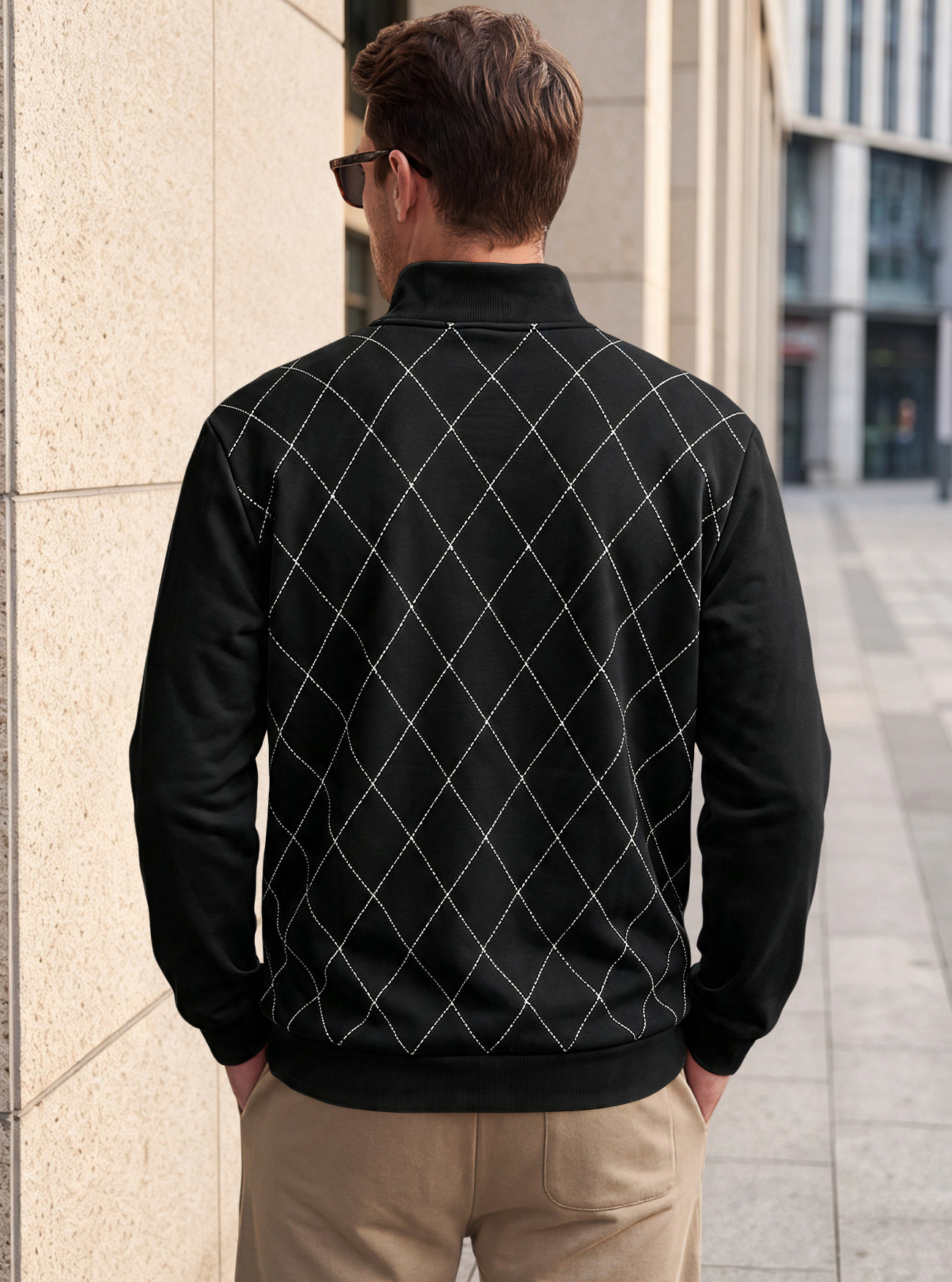 Men's Clothing Tops Sweatshirts Men's American Autumn Winter Semi-Zip Stand-Up Collar Knitwear Diamond Pattern Long Sleeve Pullover Casual Hoodie