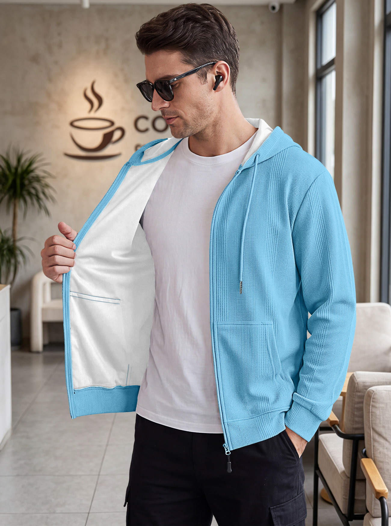 Men's Clothing Tops Sweatshirts Hoodies Men's Jacquard Waffle Pocket Hoodie Pullover Sweatshirt Casual Oversized Athletic Sweatshirt