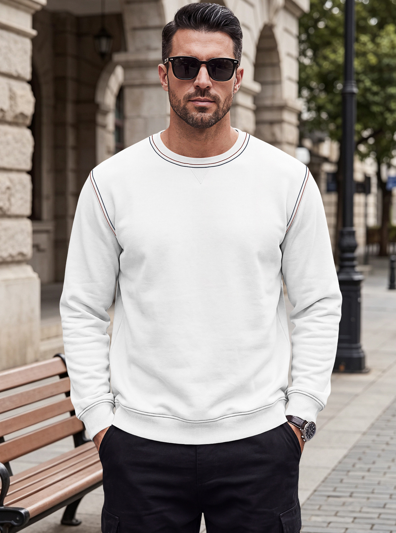 Men's Clothing Tops Sweatshirts Men's Autumn Winter Bright Line Base Shirt Round Neck Ribbed Bottom Swing Top Pulley Cloth Hoodie