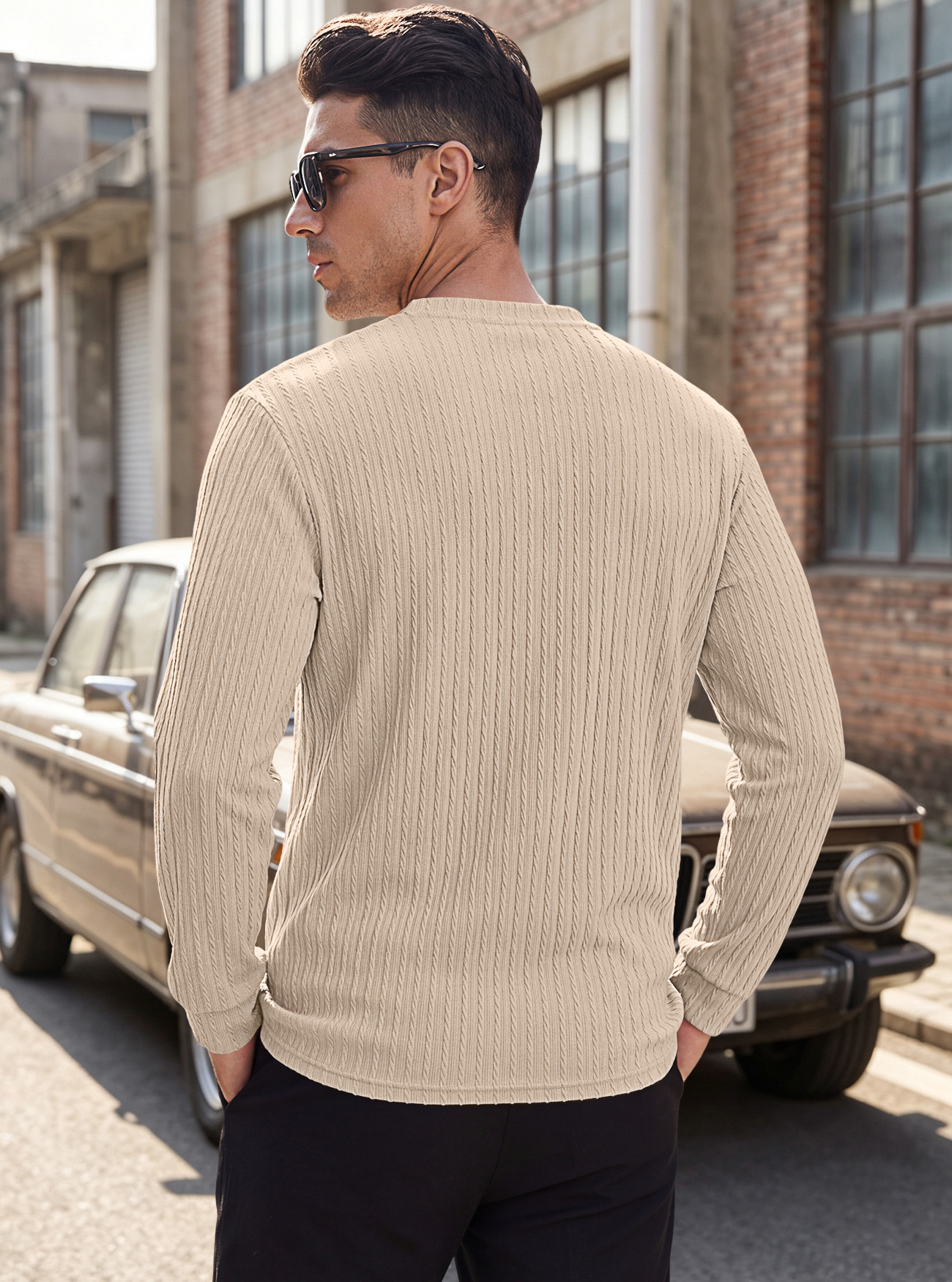 Men's Clothing Tops Sweatshirts Men's Henley Shirt Retro Elastic Texture Pattern Casual Loose Oversized Long Sleeve Hoodie