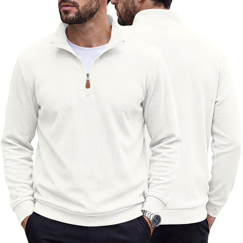 Men's Clothing Tops Sweatshirts Men's Half Zip Stand Up Collar Knitted Sweater Spring Autumn Vertical Stripes Waffle Texture Long Sleeved Casual Hoodie