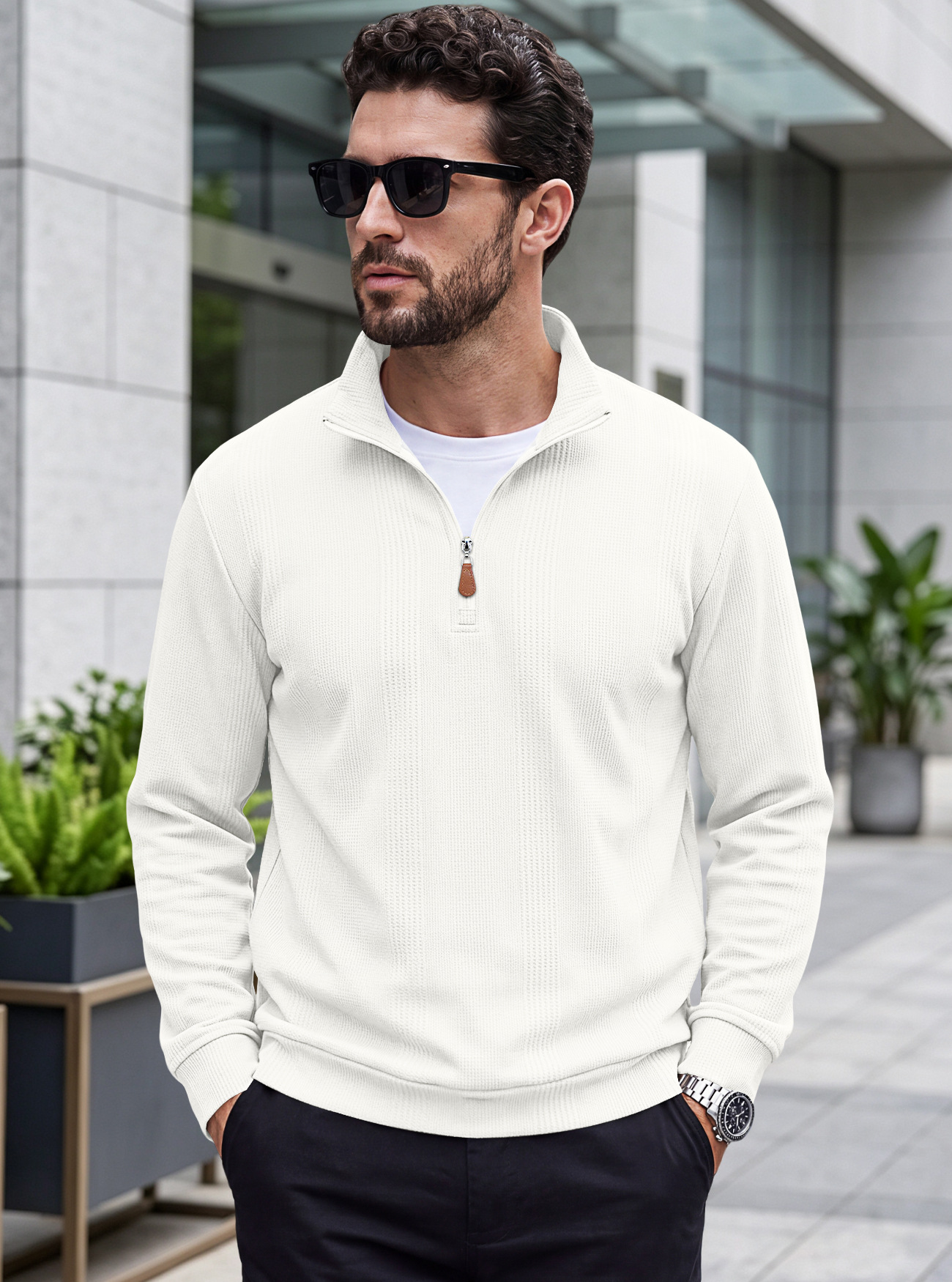 Men's Clothing Tops Sweatshirts Men's Half Zip Stand Up Collar Knitted Sweater Spring Autumn Vertical Stripes Waffle Texture Long Sleeved Casual Hoodie