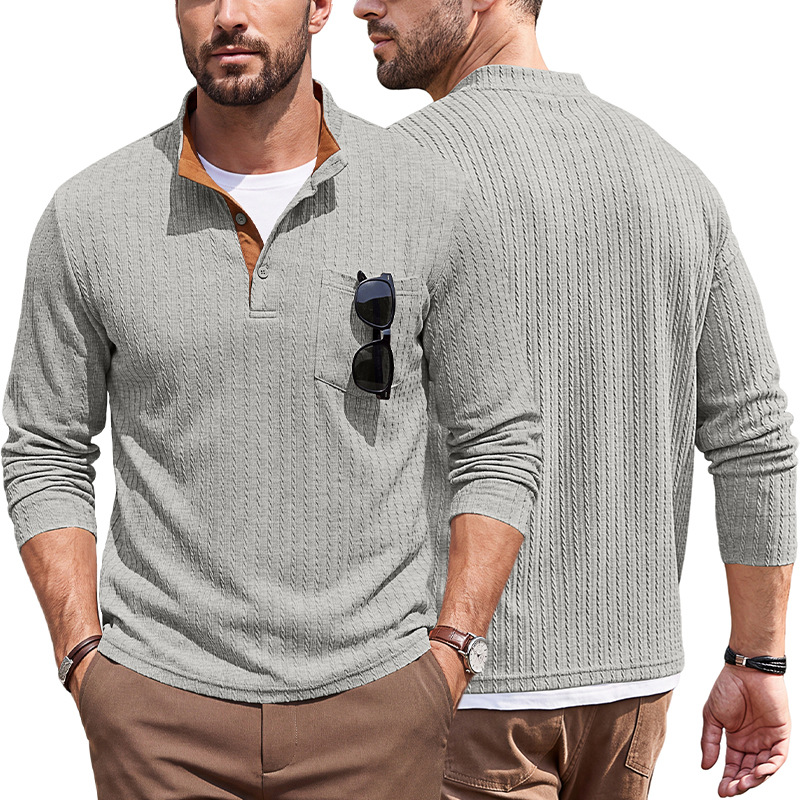 Men's Clothing Tops Sweatshirts Men's American Texture Jacquard Henley Polo Shirt Autumn Winter Chest Pocket Casual Knit Pullover