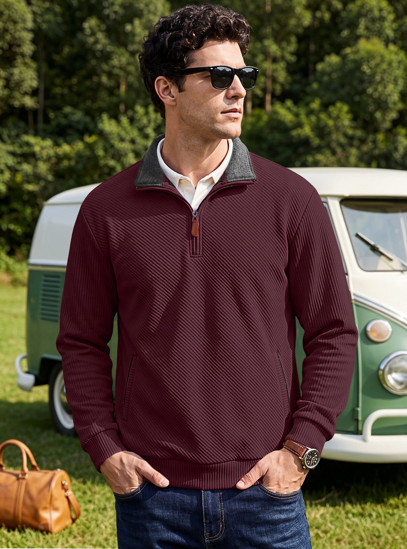 Men's Clothing Tops Sweatshirts Men's Textured Jacquard Stand Up Collar Top American Spring Autumn Zipper Pocket Pullover Casual Hoodie