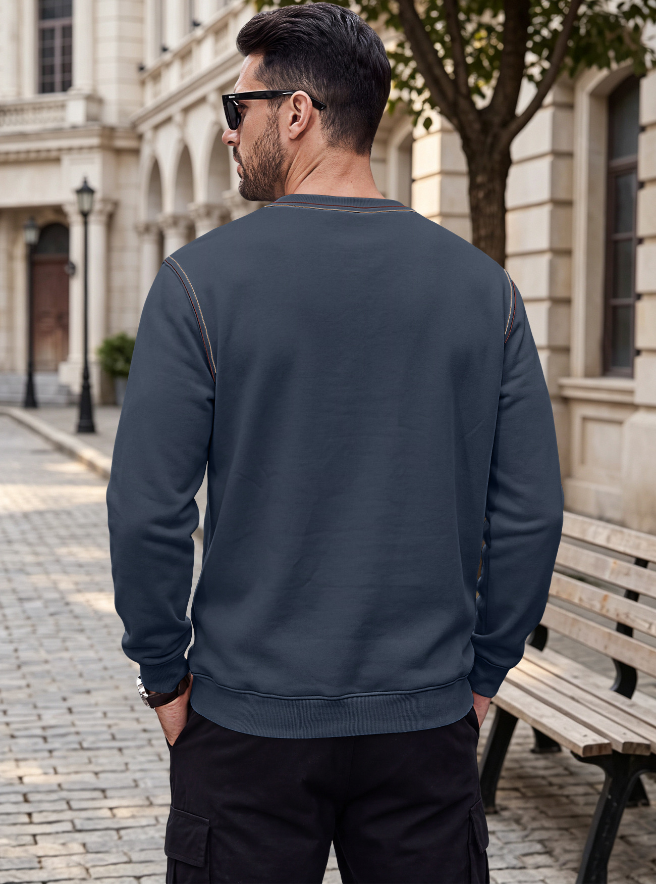 Men's Clothing Tops Sweatshirts Men's Autumn Winter Bright Line Base Shirt Round Neck Ribbed Bottom Swing Top Pulley Cloth Hoodie