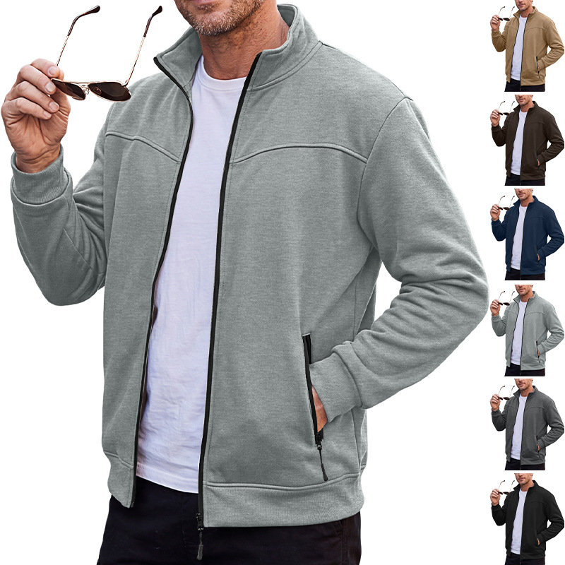 Men's Clothing Tops Jackets Coats Men's Autumn Winter Stand-Up Collar Fleece Lined Jacket with Zipper Side Pockets for Outdoor Casual Long Sleeve Sweater Coat