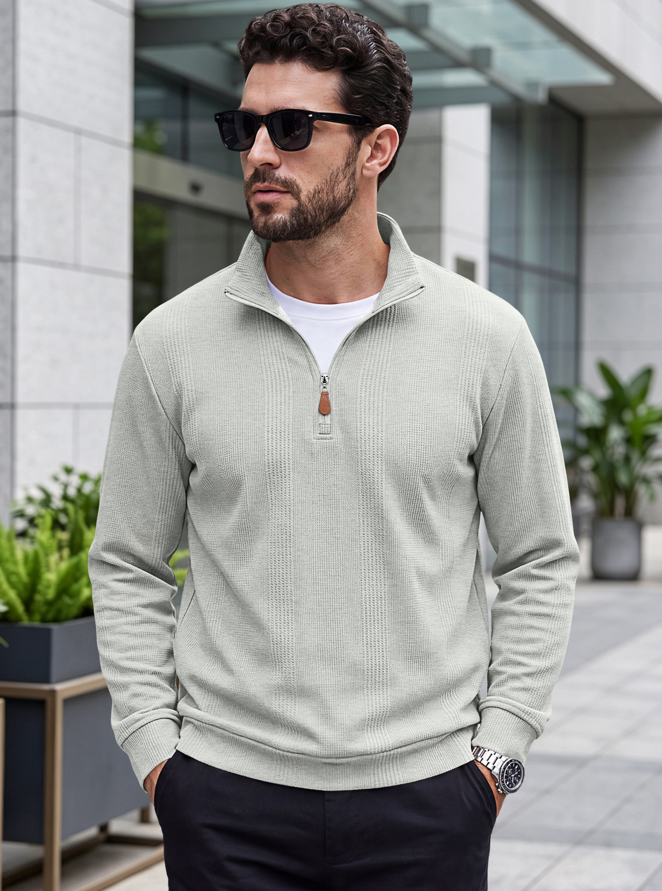 Men's Clothing Tops Sweatshirts Men's Half Zip Stand Up Collar Knitted Sweater Spring Autumn Vertical Stripes Waffle Texture Long Sleeved Casual Hoodie