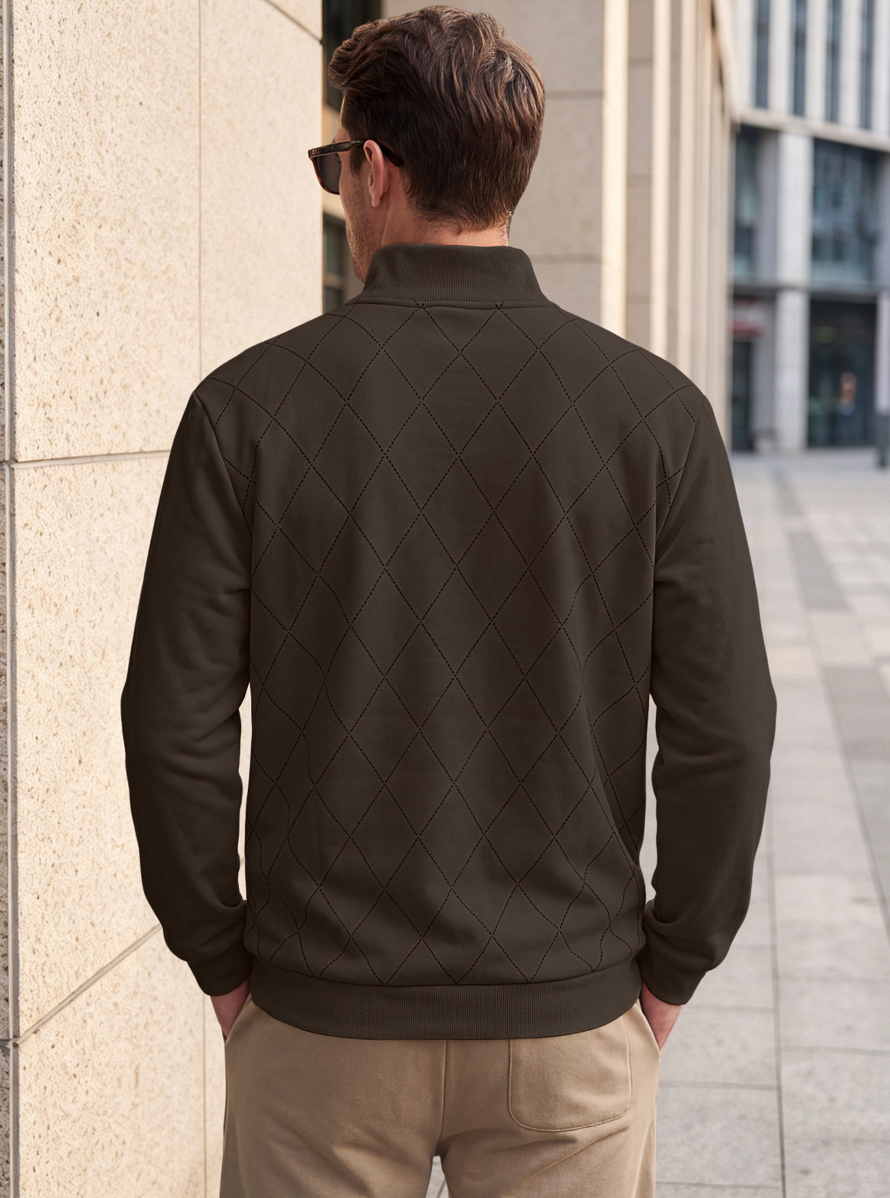 Men's Clothing Tops Sweatshirts Men's American Autumn Winter Semi-Zip Stand-Up Collar Knitwear Diamond Pattern Long Sleeve Pullover Casual Hoodie