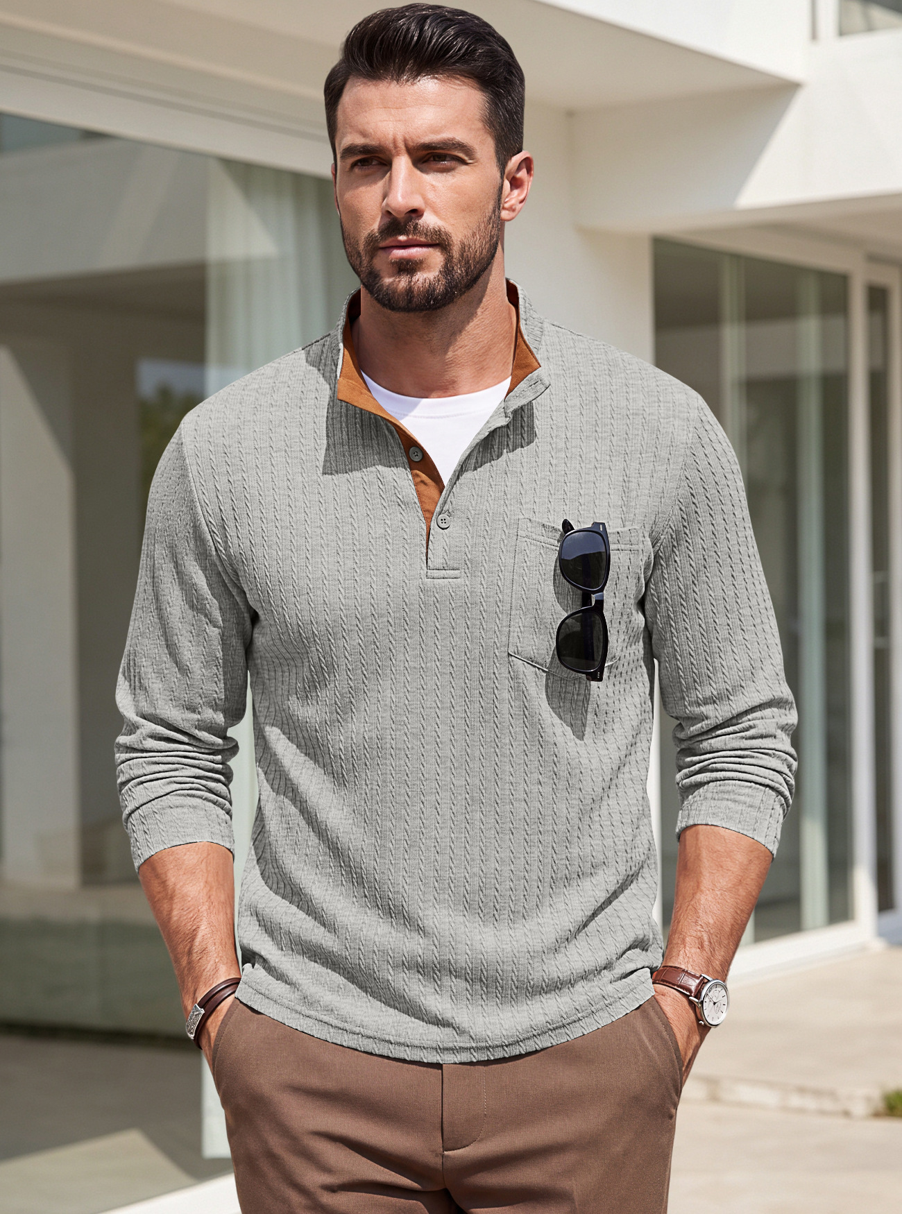 Men's Clothing Tops Sweatshirts Men's American Texture Jacquard Henley Polo Shirt Autumn Winter Chest Pocket Casual Knit Pullover