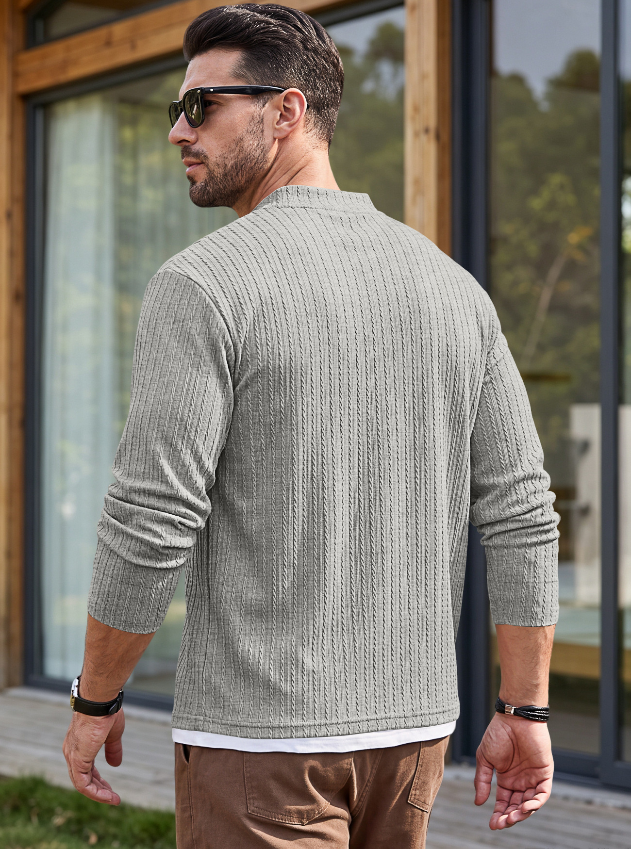 Men's Clothing Tops Sweatshirts Men's American Texture Jacquard Henley Polo Shirt Autumn Winter Chest Pocket Casual Knit Pullover