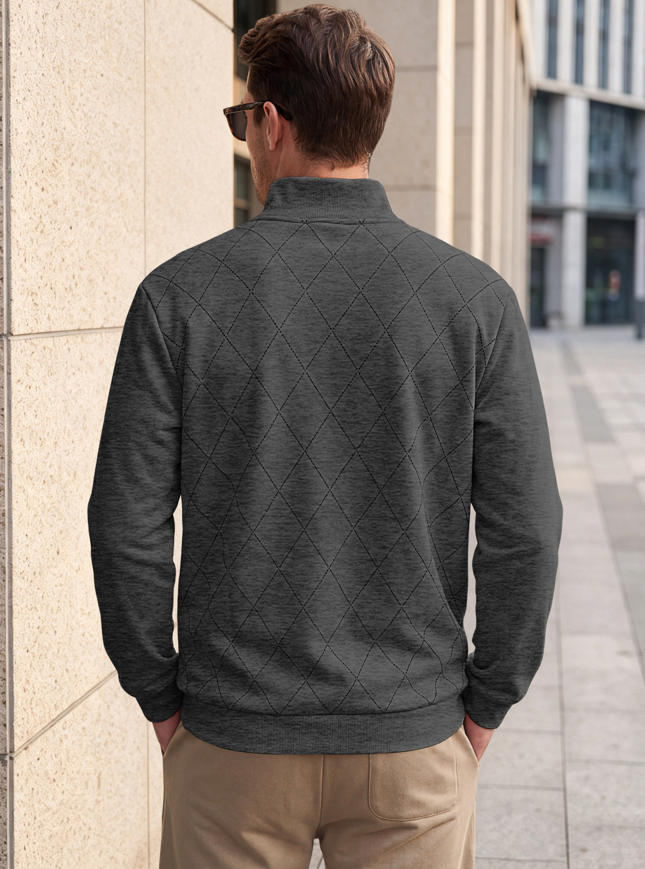 Men's Clothing Tops Sweatshirts Men's American Autumn Winter Semi-Zip Stand-Up Collar Knitwear Diamond Pattern Long Sleeve Pullover Casual Hoodie