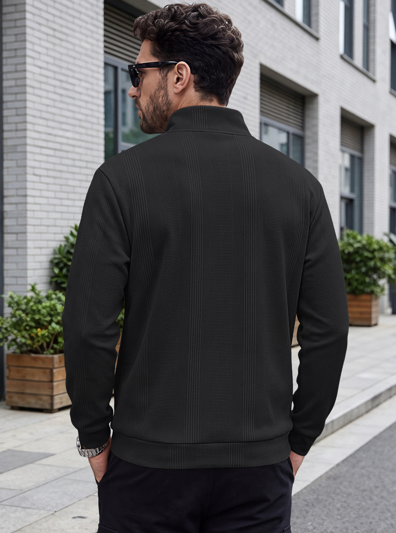 Men's Clothing Tops Sweatshirts Men's Half Zip Stand Up Collar Knitted Sweater Spring Autumn Vertical Stripes Waffle Texture Long Sleeved Casual Hoodie