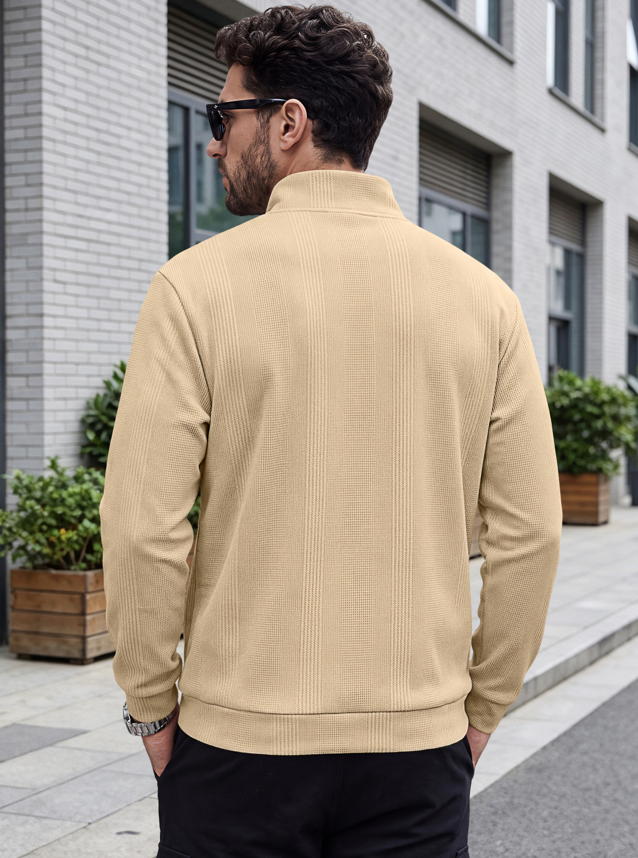 Men's Clothing Tops Sweatshirts Men's Half Zip Stand Up Collar Knitted Sweater Spring Autumn Vertical Stripes Waffle Texture Long Sleeved Casual Hoodie