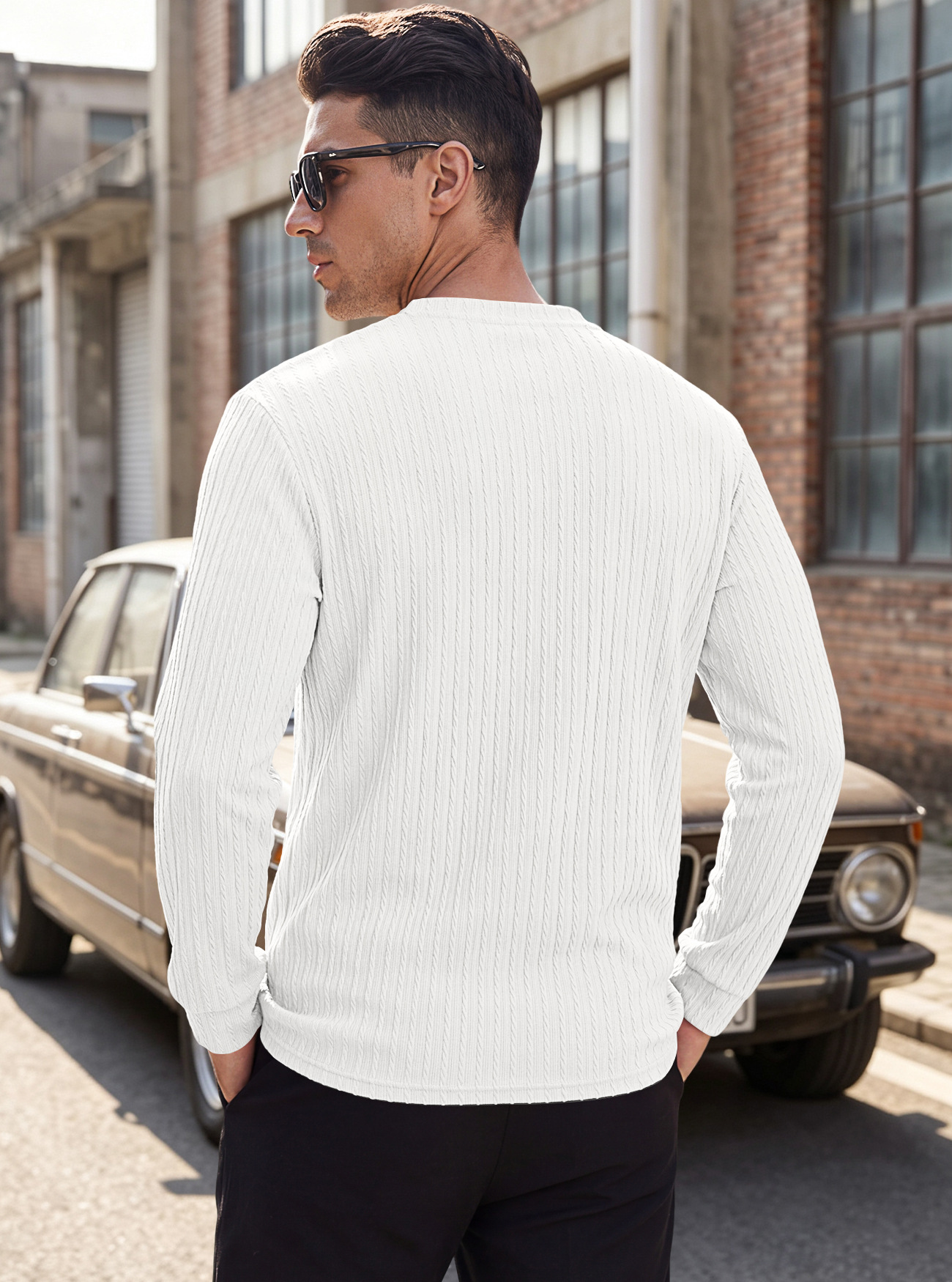 Men's Clothing Tops Sweatshirts Men's Henley Shirt Retro Elastic Texture Pattern Casual Loose Oversized Long Sleeve Hoodie