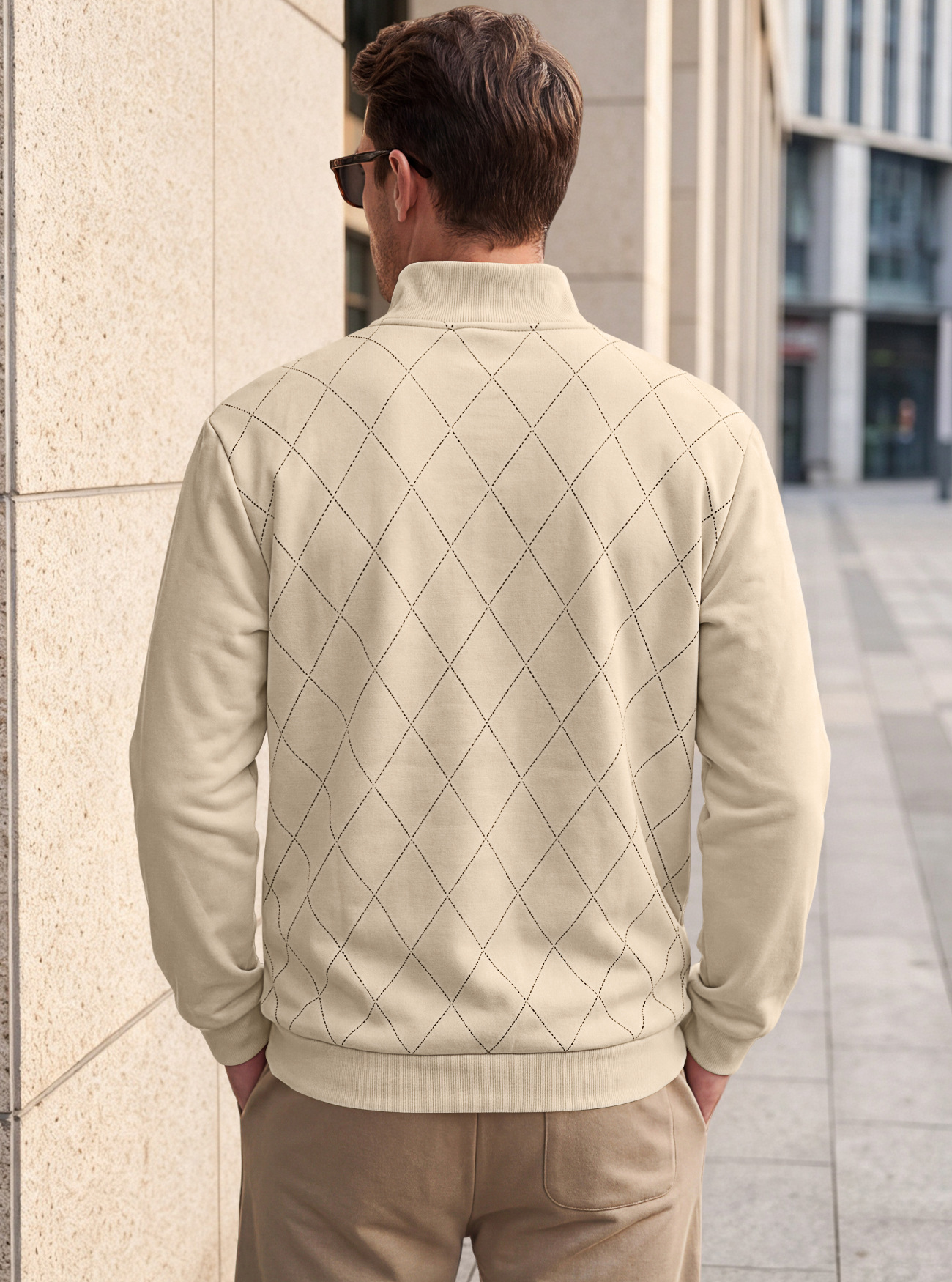 Men's Clothing Tops Sweatshirts Men's American Autumn Winter Semi-Zip Stand-Up Collar Knitwear Diamond Pattern Long Sleeve Pullover Casual Hoodie