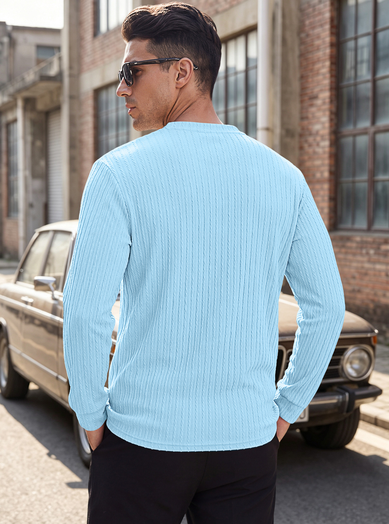 Men's Clothing Tops Sweatshirts Men's Henley Shirt Retro Elastic Texture Pattern Casual Loose Oversized Long Sleeve Hoodie