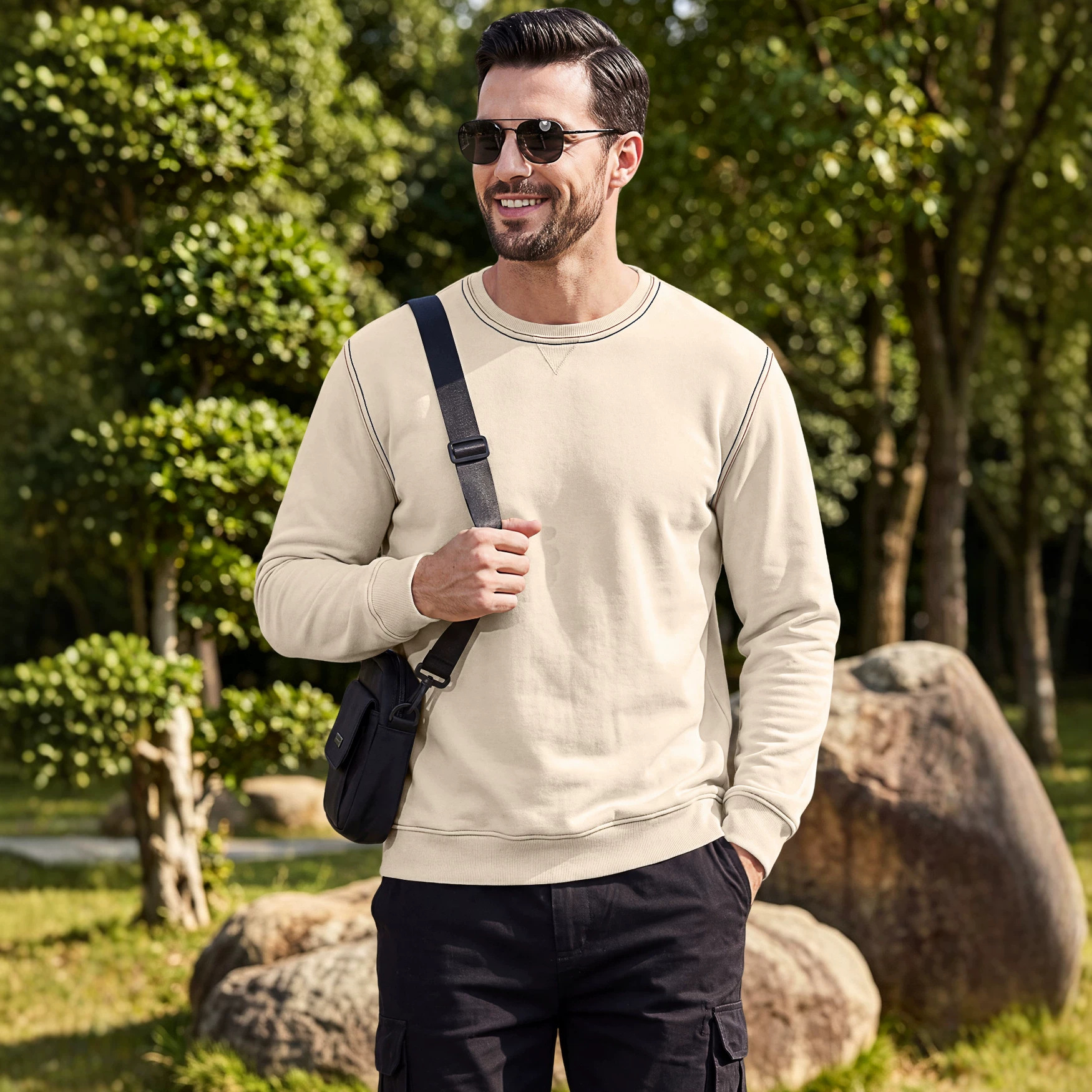 Men's Clothing Tops Sweatshirts Men's Autumn Winter Bright Line Base Shirt Round Neck Ribbed Bottom Swing Top Pulley Cloth Hoodie