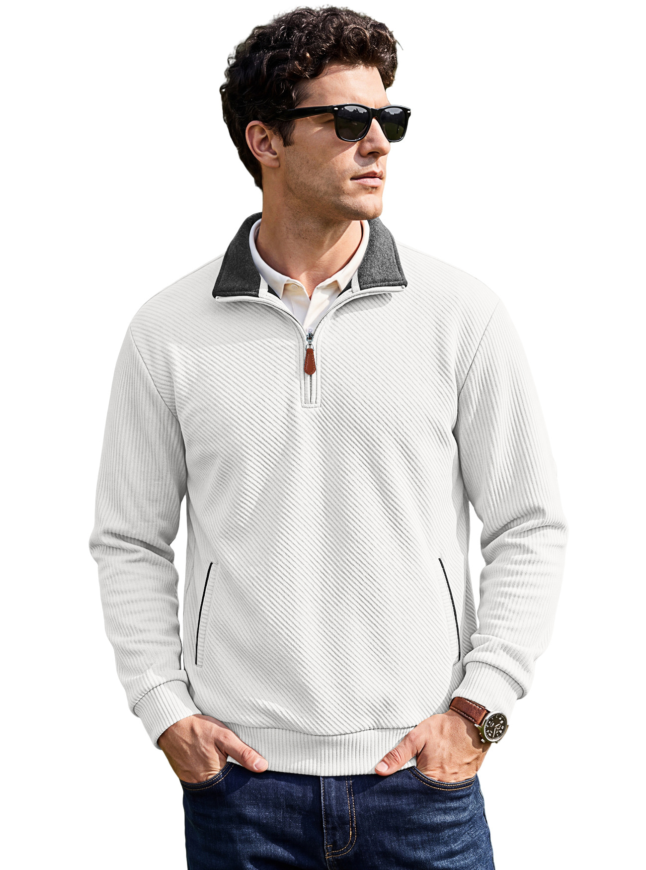 Men's Clothing Tops Sweatshirts Men's Textured Jacquard Stand Up Collar Top American Spring Autumn Zipper Pocket Pullover Casual Hoodie