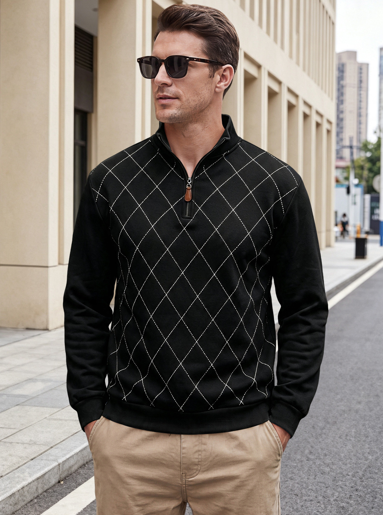 Men's Clothing Tops Sweatshirts Men's American Autumn Winter Semi-Zip Stand-Up Collar Knitwear Diamond Pattern Long Sleeve Pullover Casual Hoodie
