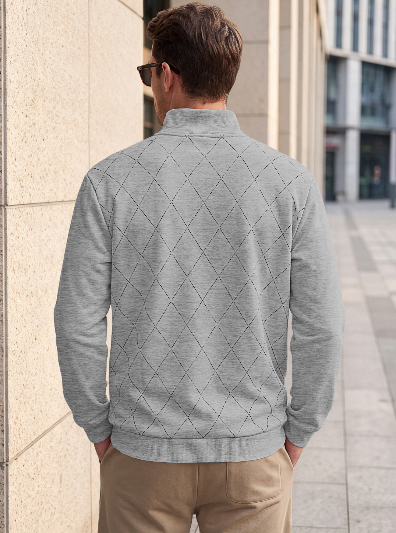 Men's Clothing Tops Sweatshirts Men's American Autumn Winter Semi-Zip Stand-Up Collar Knitwear Diamond Pattern Long Sleeve Pullover Casual Hoodie