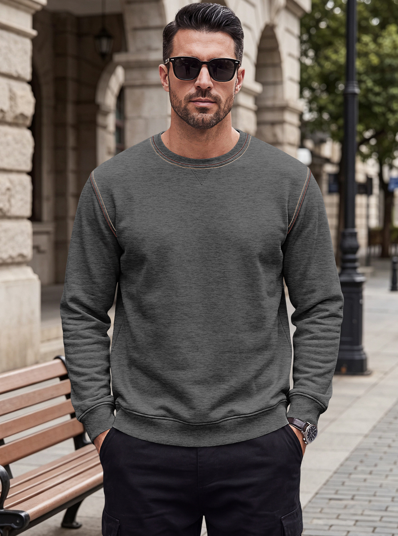 Men's Clothing Tops Sweatshirts Men's Autumn Winter Bright Line Base Shirt Round Neck Ribbed Bottom Swing Top Pulley Cloth Hoodie