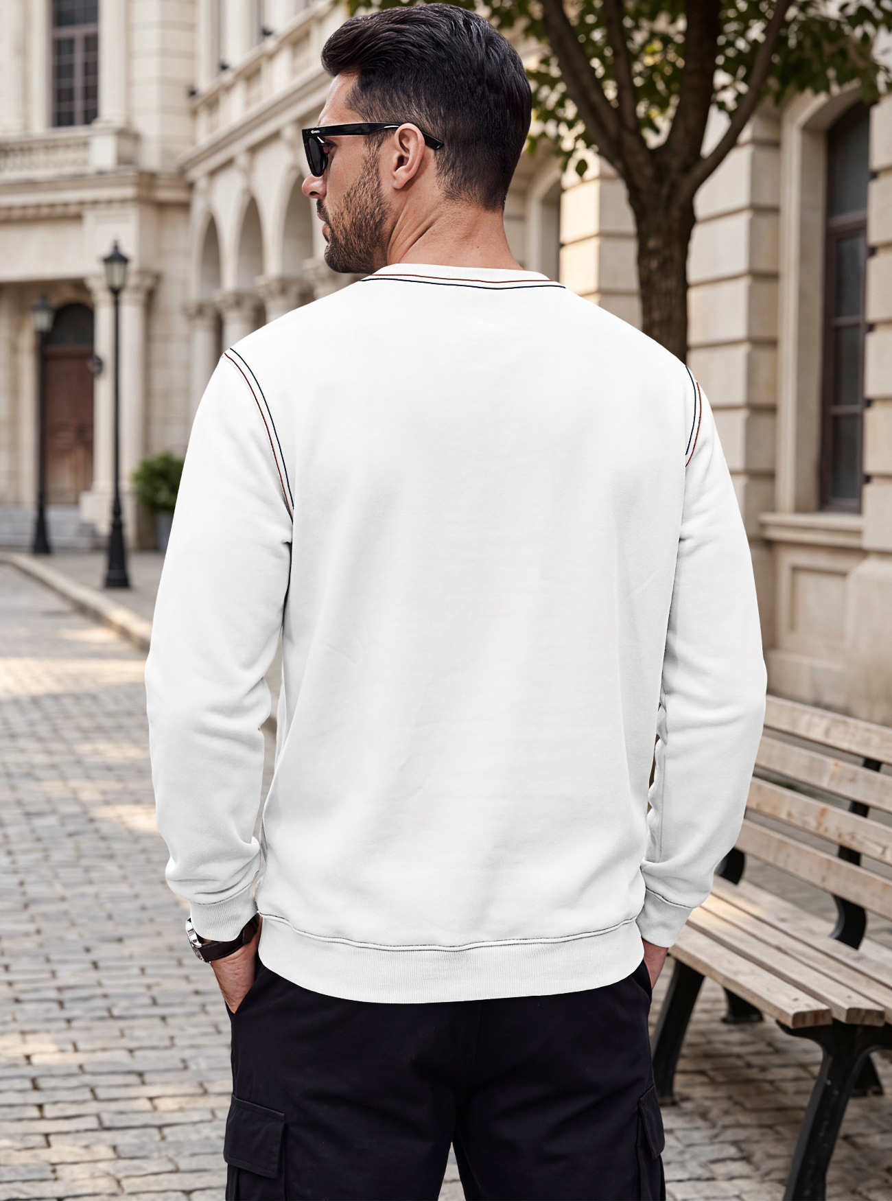 Men's Clothing Tops Sweatshirts Men's Autumn Winter Bright Line Base Shirt Round Neck Ribbed Bottom Swing Top Pulley Cloth Hoodie
