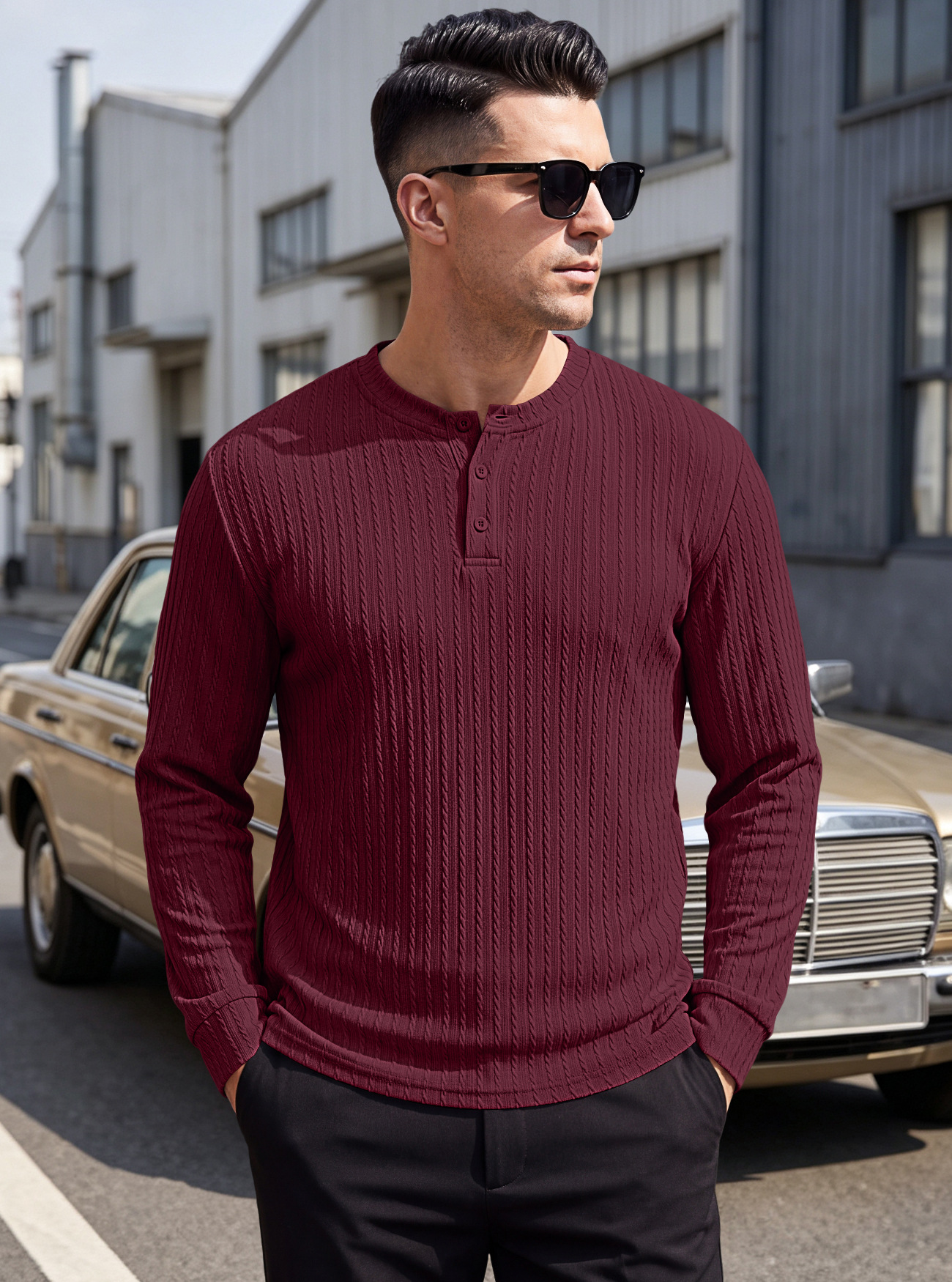Men's Clothing Tops Sweatshirts Men's Henley Shirt Retro Elastic Texture Pattern Casual Loose Oversized Long Sleeve Hoodie