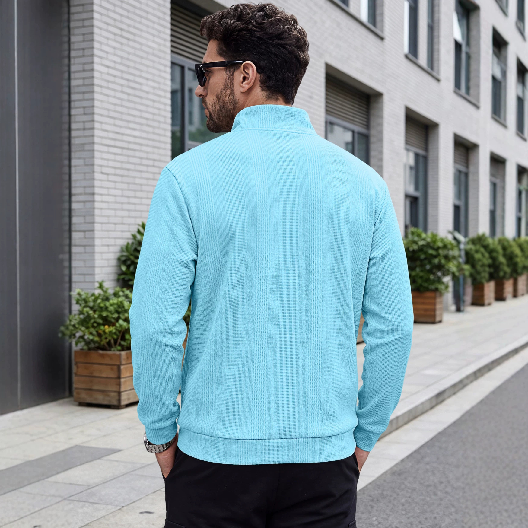 Men's Clothing Tops Sweatshirts Men's Half Zip Stand Up Collar Knitted Sweater Spring Autumn Vertical Stripes Waffle Texture Long Sleeved Casual Hoodie