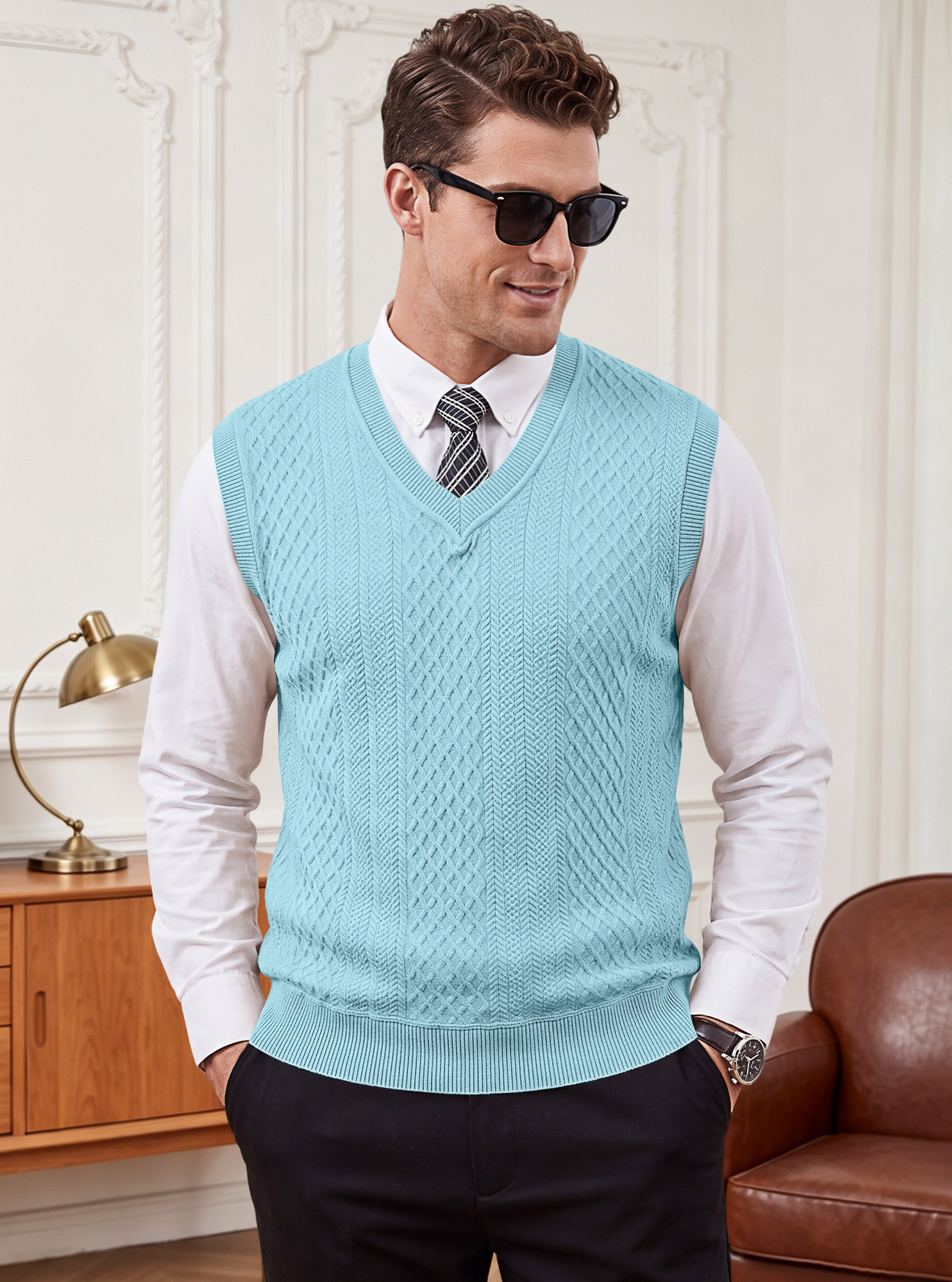 Men's Clothing Tops Tanks Camis Tank Tops Men's Heavyweight V-Neck Vest Textured Jacquard Sleeveless Knit Sweater Vintage Plus Size Casual Vest