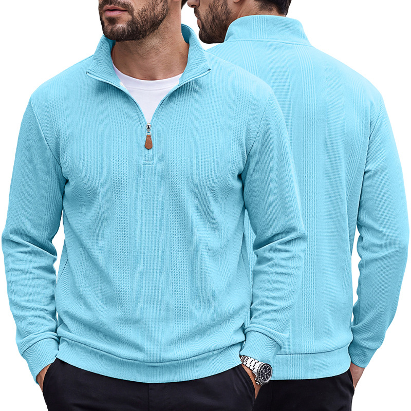 Men's Clothing Tops Sweatshirts Men's Half Zip Stand Up Collar Knitted Sweater Spring Autumn Vertical Stripes Waffle Texture Long Sleeved Casual Hoodie