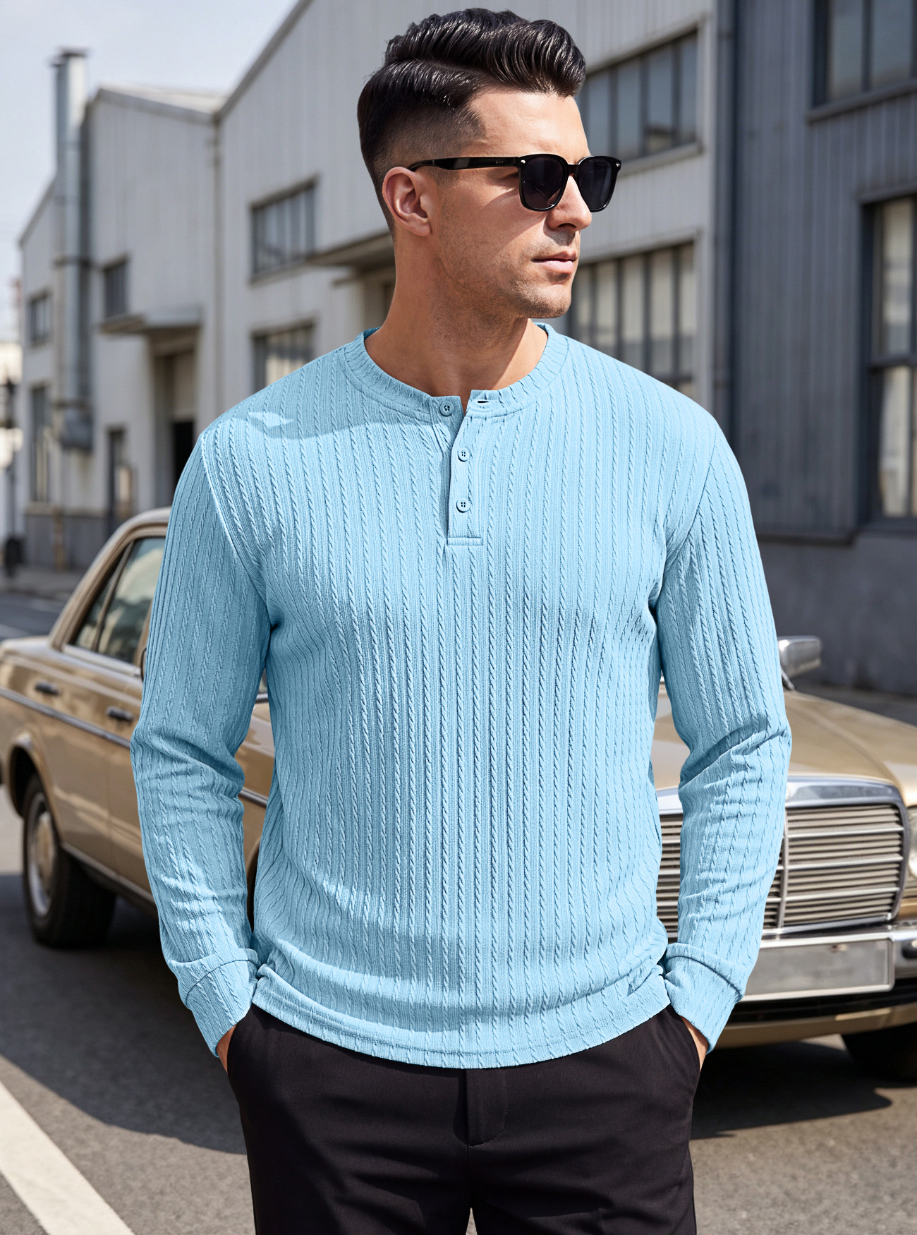 Men's Clothing Tops Sweatshirts Men's Henley Shirt Retro Elastic Texture Pattern Casual Loose Oversized Long Sleeve Hoodie