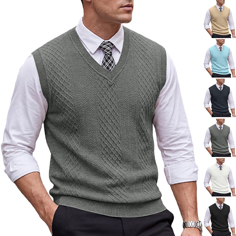 Men's Clothing Tops Tanks Camis Tank Tops Men's Heavyweight V-Neck Vest Textured Jacquard Sleeveless Knit Sweater Vintage Plus Size Casual Vest