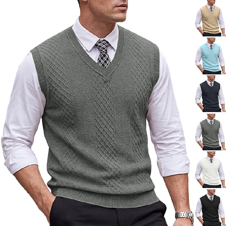 Men's Clothing Tops Tanks Camis Tank Tops Men's Heavyweight V-Neck Vest Textured Jacquard Sleeveless Knit Sweater Vintage Plus Size Casual Vest