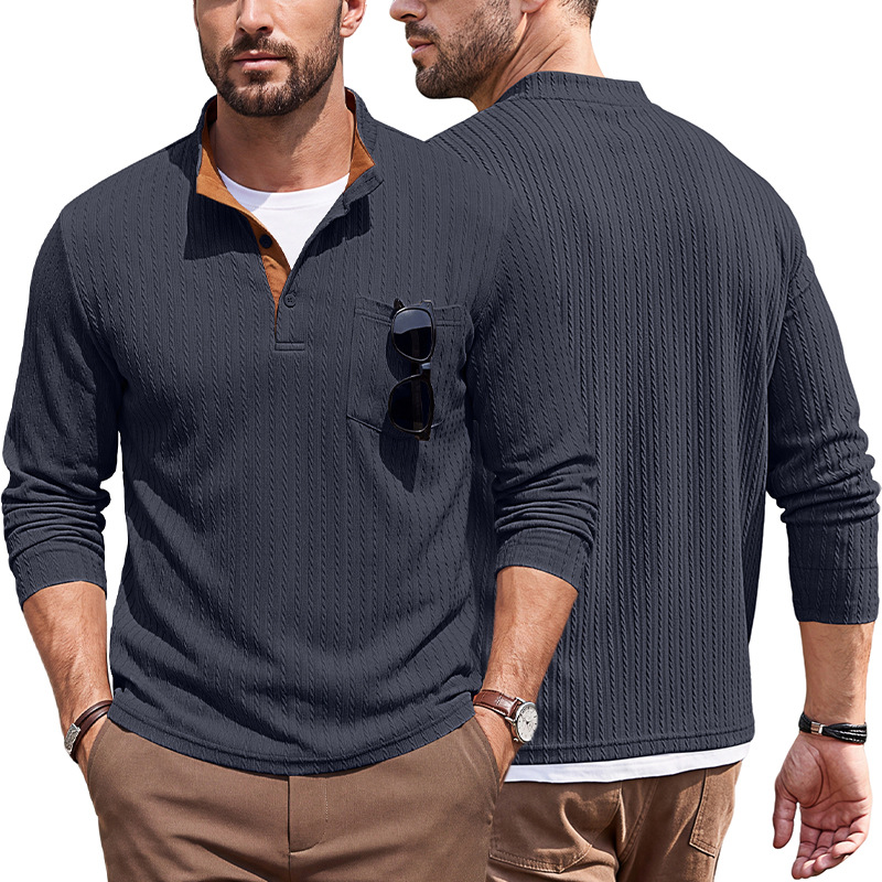 Men's Clothing Tops Sweatshirts Men's American Texture Jacquard Henley Polo Shirt Autumn Winter Chest Pocket Casual Knit Pullover