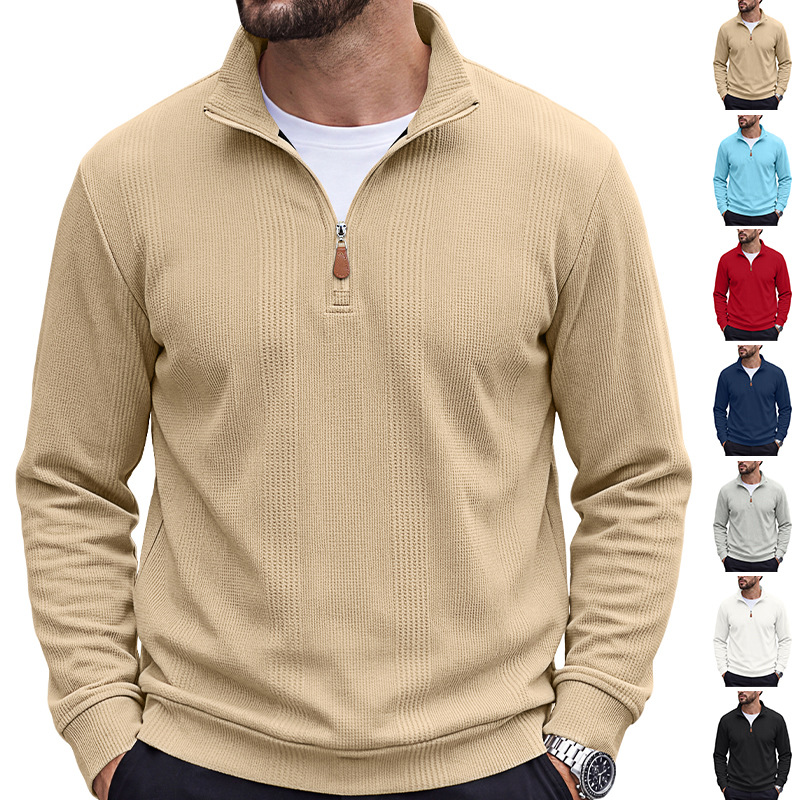 Men's Clothing Tops Sweatshirts Men's Half Zip Stand Up Collar Knitted Sweater Spring Autumn Vertical Stripes Waffle Texture Long Sleeved Casual Hoodie