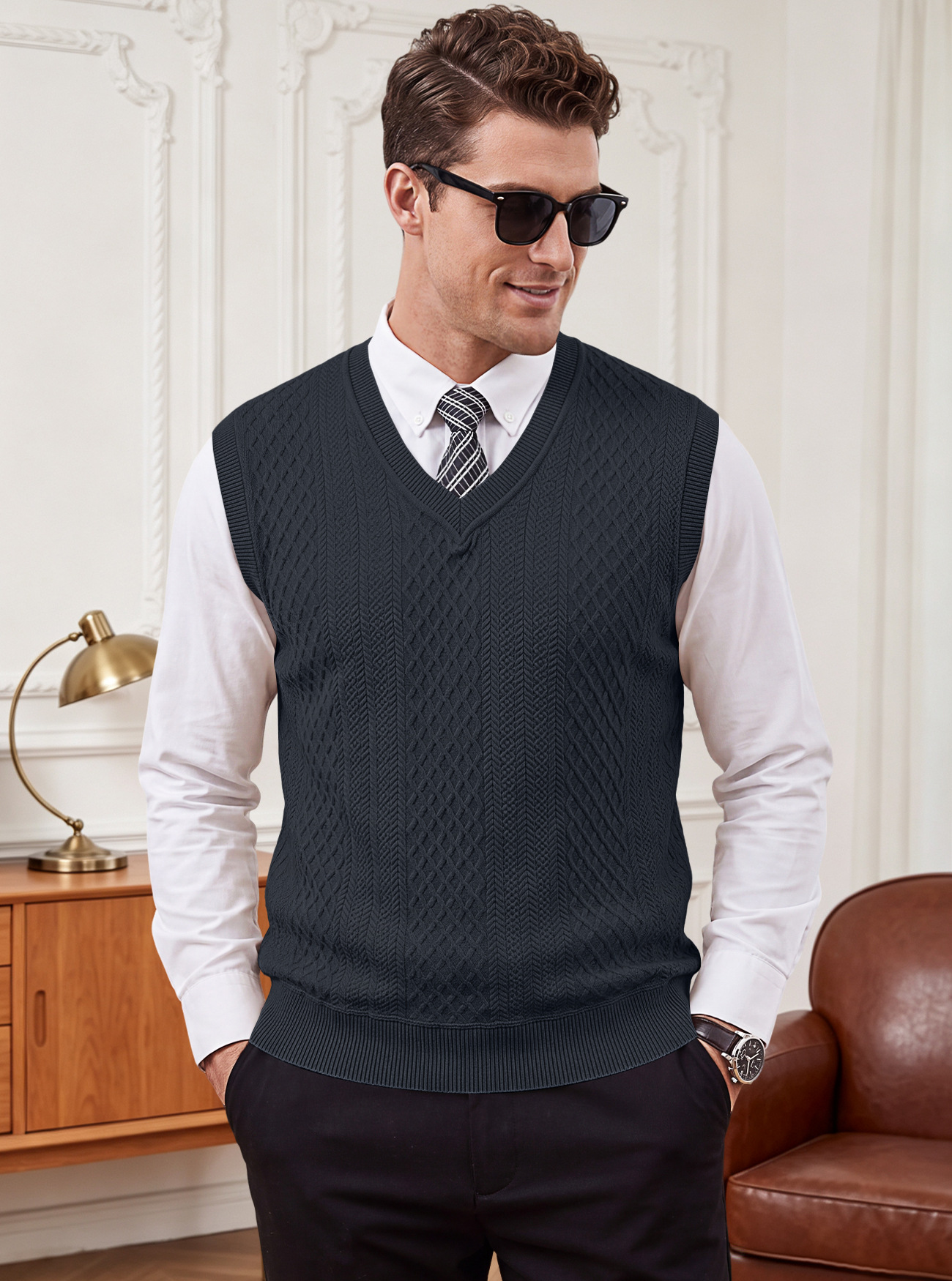 Men's Clothing Tops Tanks Camis Tank Tops Men's Heavyweight V-Neck Vest Textured Jacquard Sleeveless Knit Sweater Vintage Plus Size Casual Vest