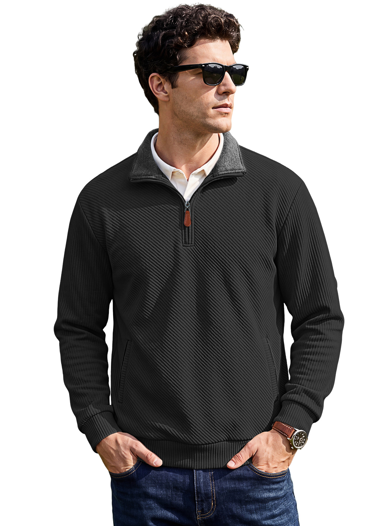 Men's Clothing Tops Sweatshirts Men's Textured Jacquard Stand Up Collar Top American Spring Autumn Zipper Pocket Pullover Casual Hoodie