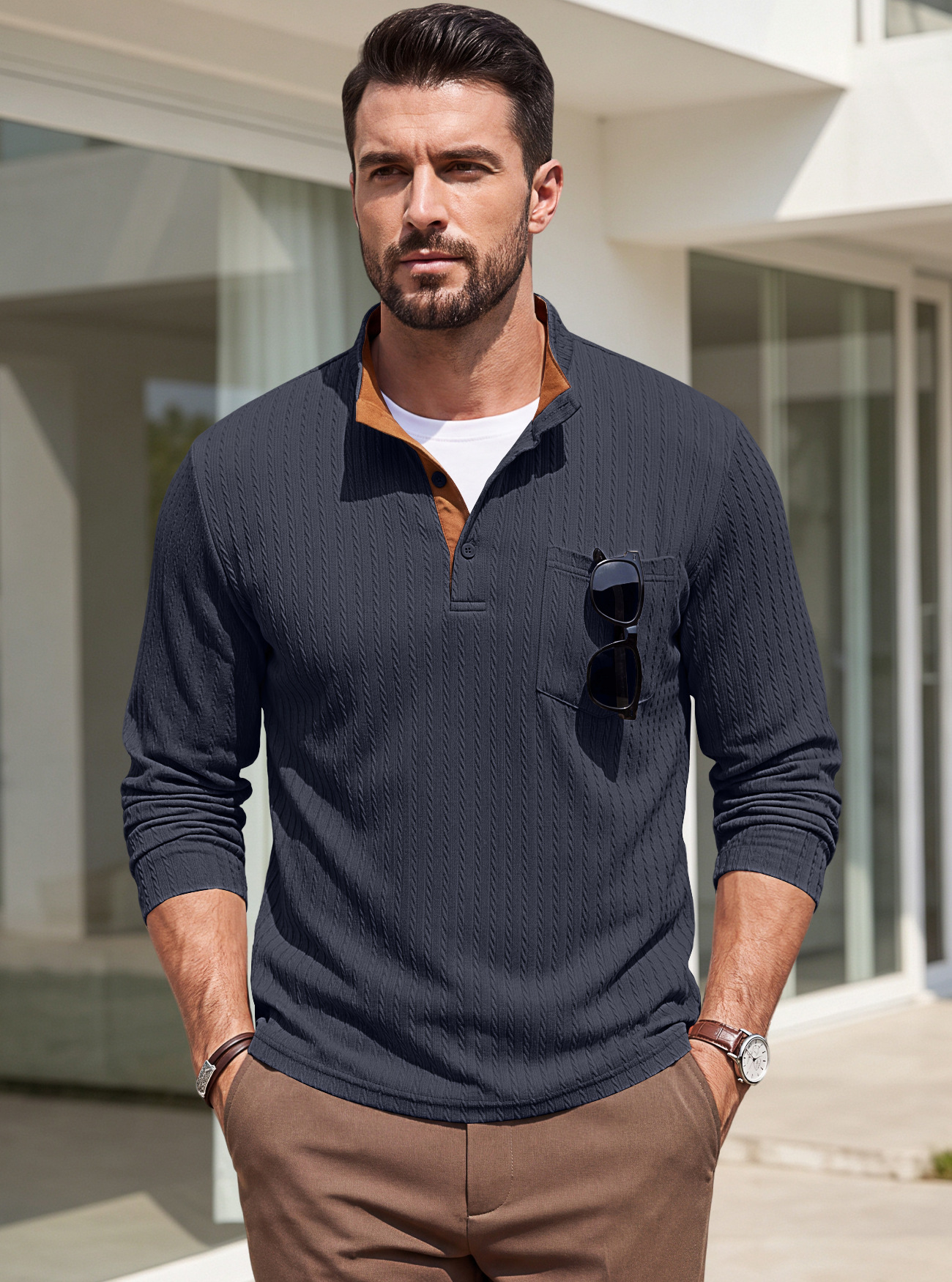 Men's Clothing Tops Sweatshirts Men's American Texture Jacquard Henley Polo Shirt Autumn Winter Chest Pocket Casual Knit Pullover