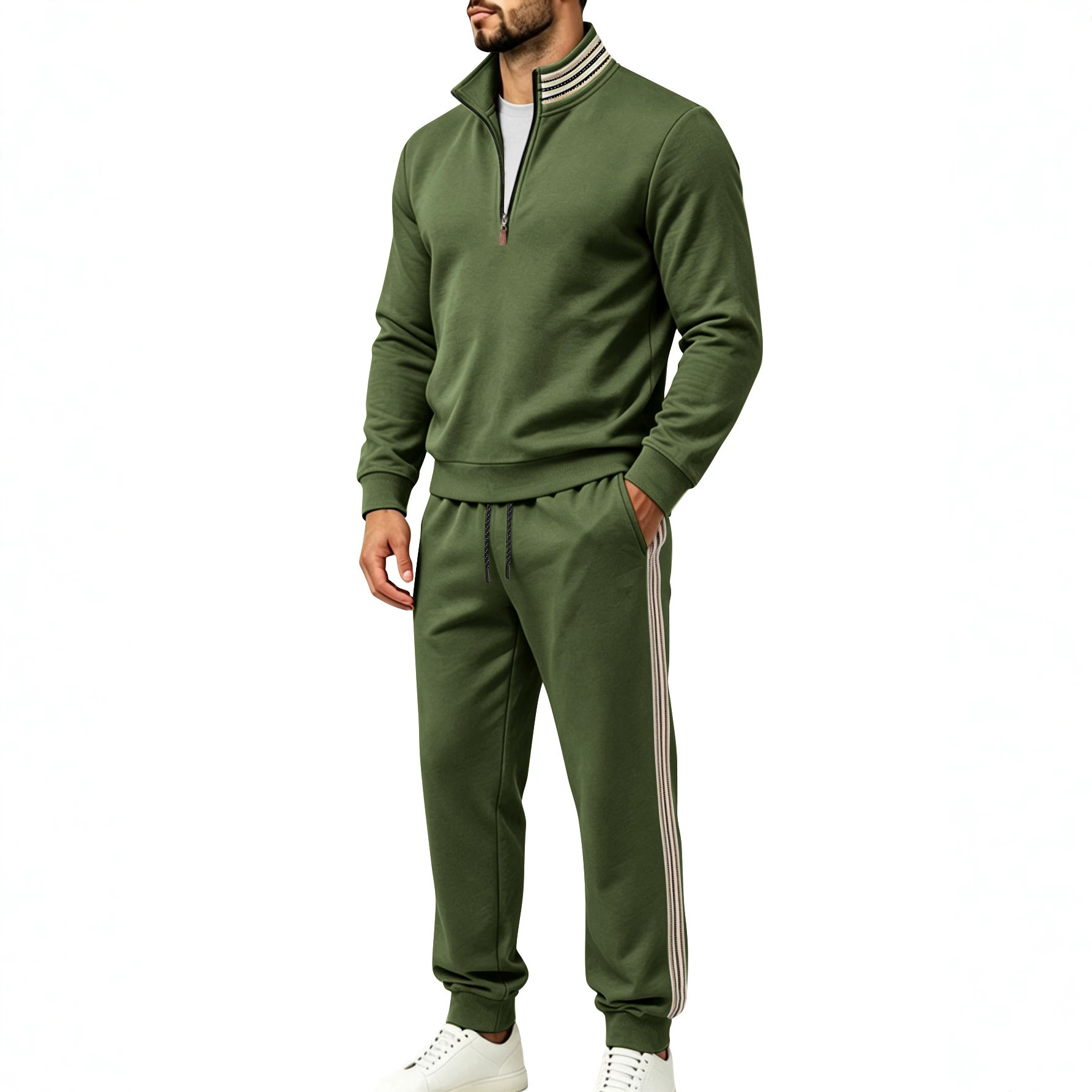 Men's Clothing Sets Two-Piece Outfits Men's Autumn Winter Sweater Pants Two-Piece Set Striped Half-Zipper Stand Collar Casual Sportswear