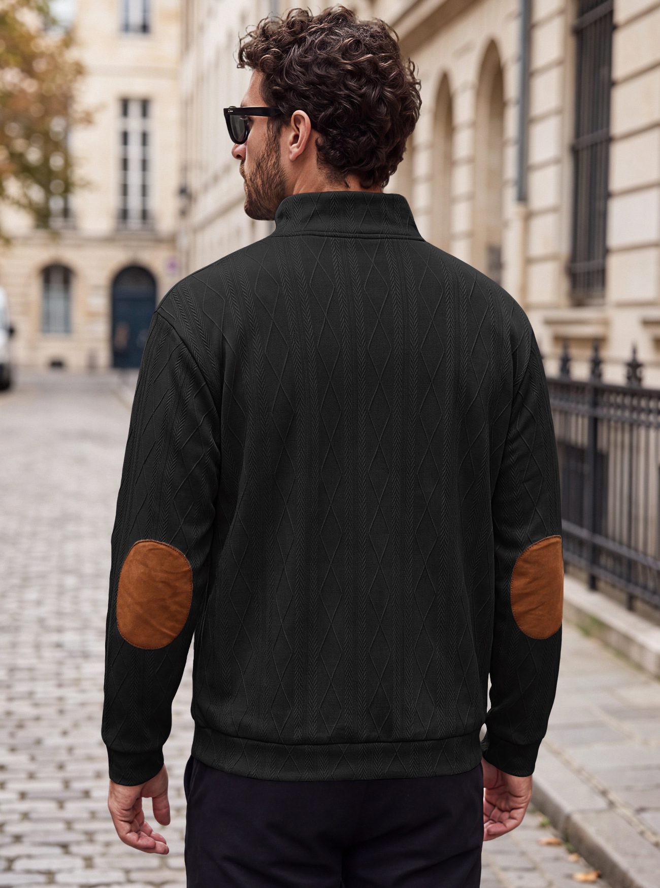 Men's Clothing Tops Sweatshirts Men's American-Style Pullover Sweater Autumn Winter Diamond Jacquard Top with Elbow Pads Loose-Fitting Long-Sleeved Casual Hoodie
