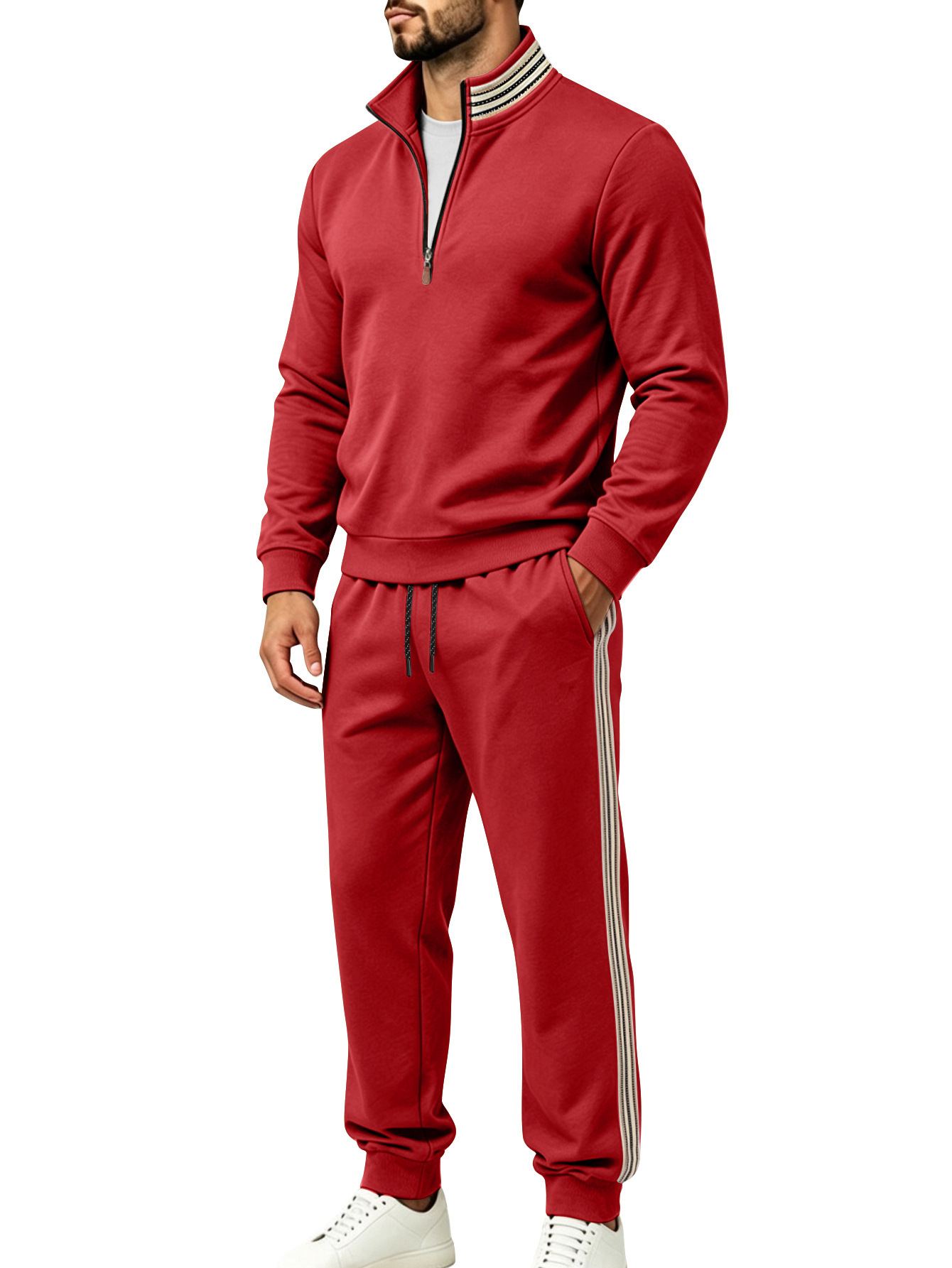 Men's Clothing Sets Two-Piece Outfits Men's Autumn Winter Sweater Pants Two-Piece Set Striped Half-Zipper Stand Collar Casual Sportswear