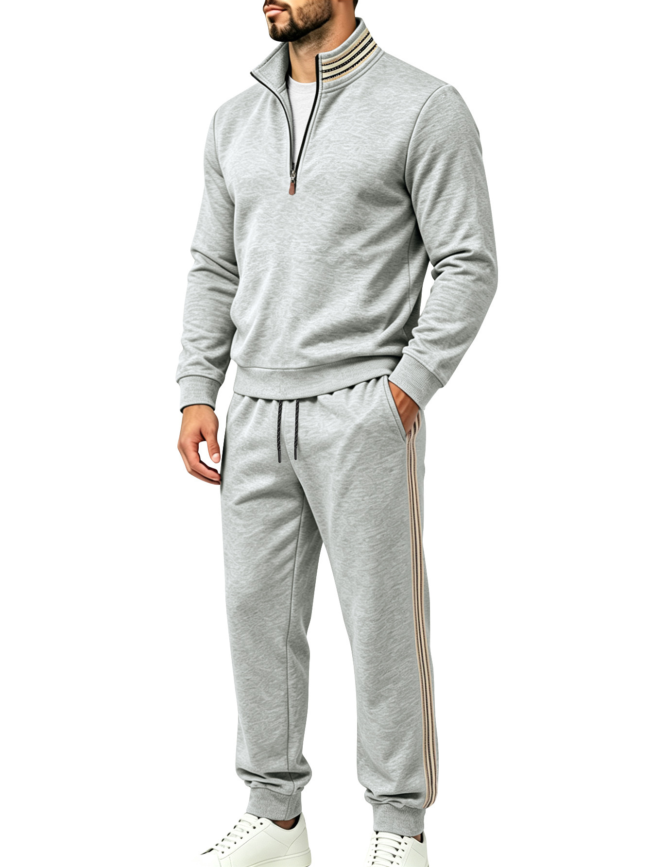 Men's Clothing Sets Two-Piece Outfits Men's Autumn Winter Sweater Pants Two-Piece Set Striped Half-Zipper Stand Collar Casual Sportswear