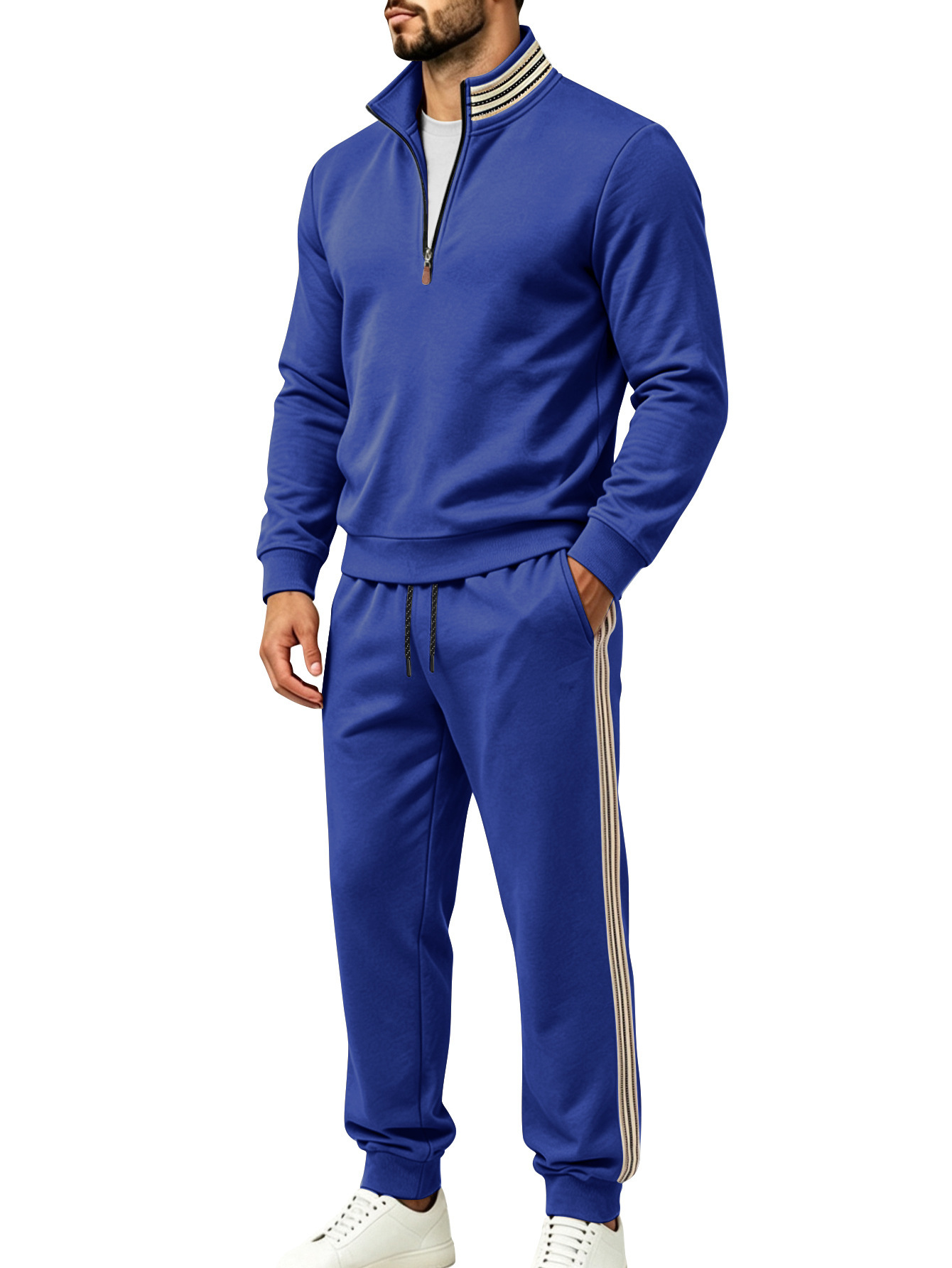 Men's Clothing Sets Two-Piece Outfits Men's Autumn Winter Sweater Pants Two-Piece Set Striped Half-Zipper Stand Collar Casual Sportswear