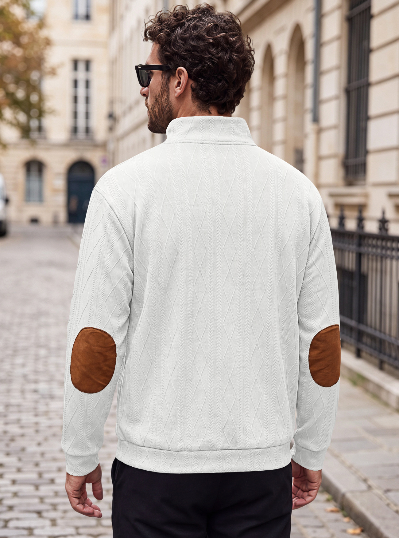 Men's Clothing Tops Sweatshirts Men's American-Style Pullover Sweater Autumn Winter Diamond Jacquard Top with Elbow Pads Loose-Fitting Long-Sleeved Casual Hoodie