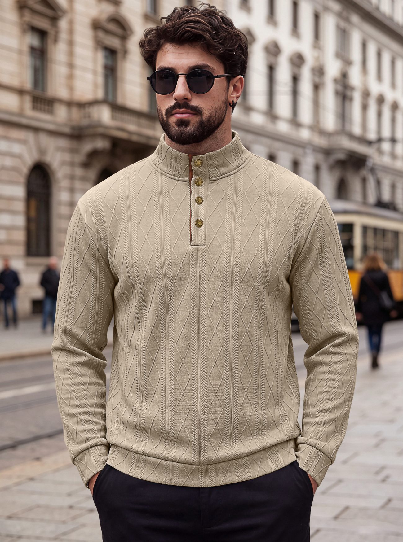 Men's Clothing Tops Sweatshirts Men's American-Style Pullover Sweater Autumn Winter Diamond Jacquard Top with Elbow Pads Loose-Fitting Long-Sleeved Casual Hoodie
