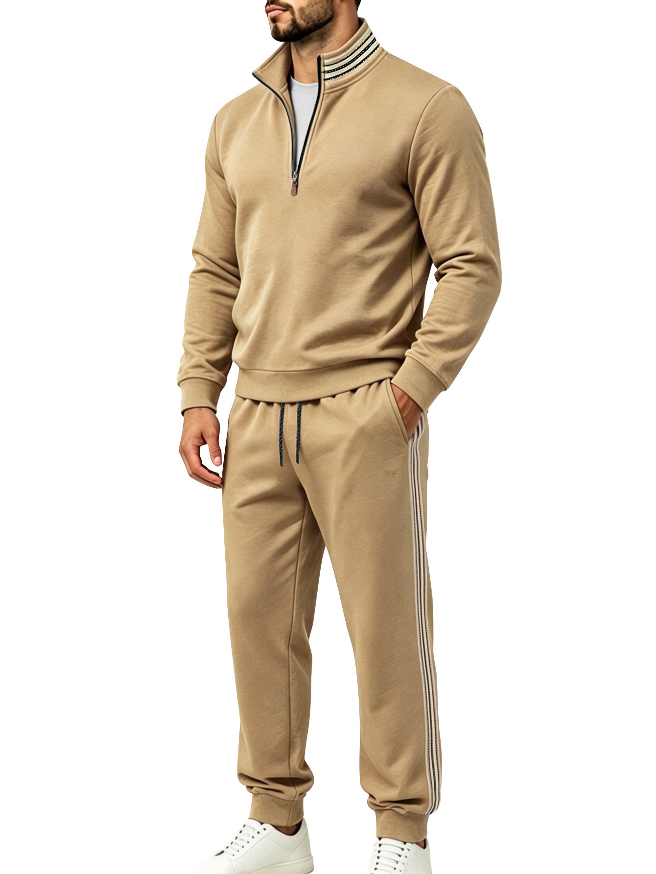 Men's Clothing Sets Two-Piece Outfits Men's Autumn Winter Sweater Pants Two-Piece Set Striped Half-Zipper Stand Collar Casual Sportswear