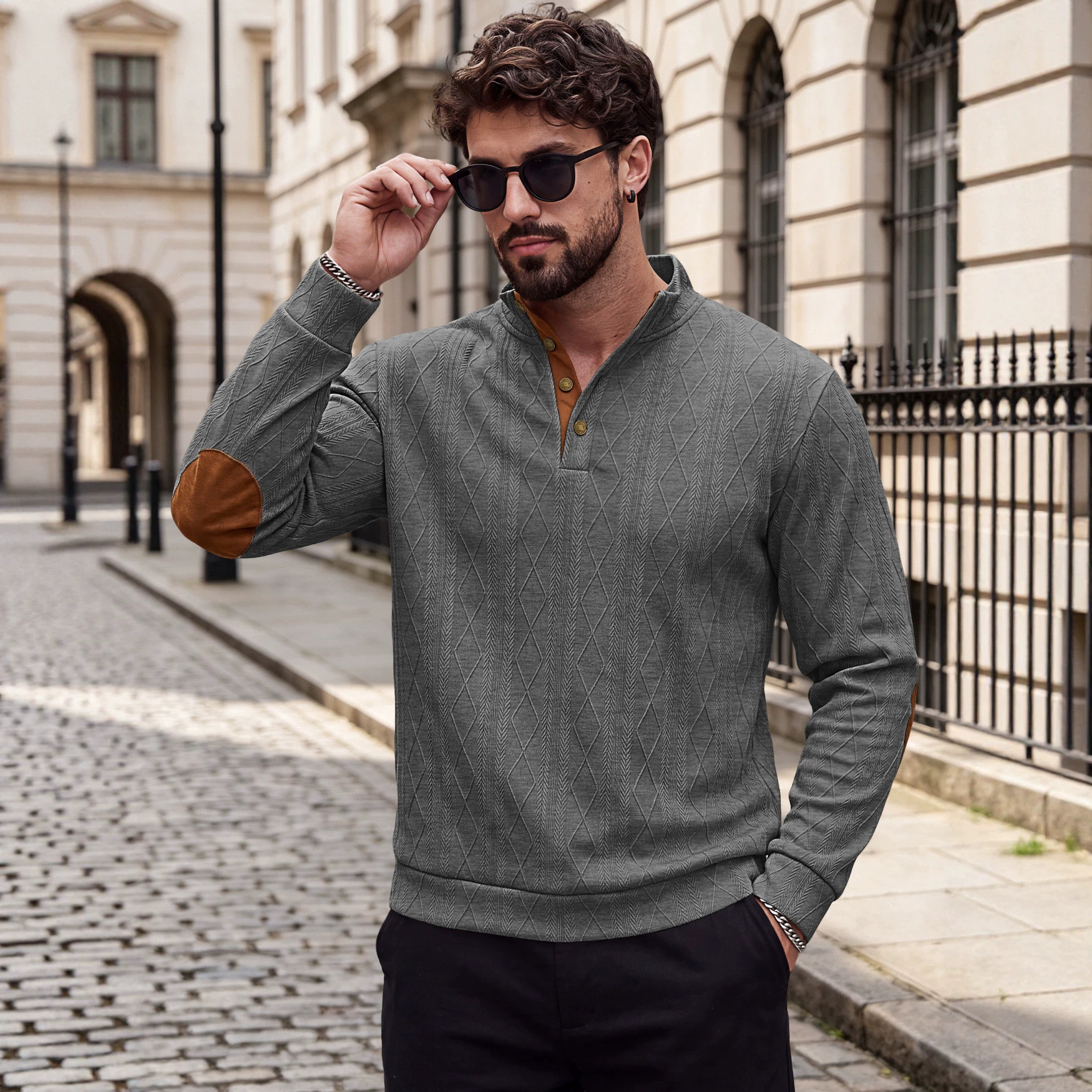 Men's Clothing Tops Sweatshirts Men's American-Style Pullover Sweater Autumn Winter Diamond Jacquard Top with Elbow Pads Loose-Fitting Long-Sleeved Casual Hoodie