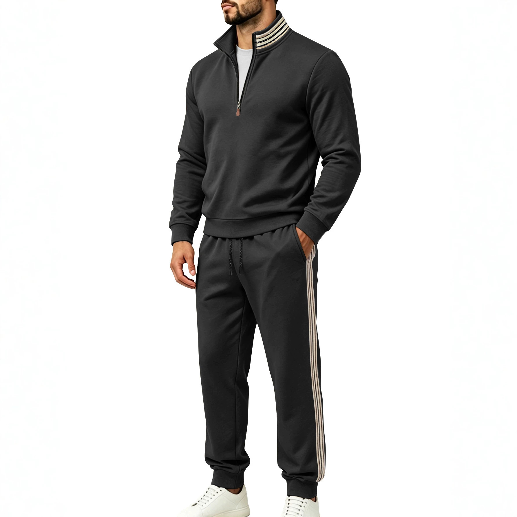 Men's Clothing Sets Two-Piece Outfits Men's Autumn Winter Sweater Pants Two-Piece Set Striped Half-Zipper Stand Collar Casual Sportswear